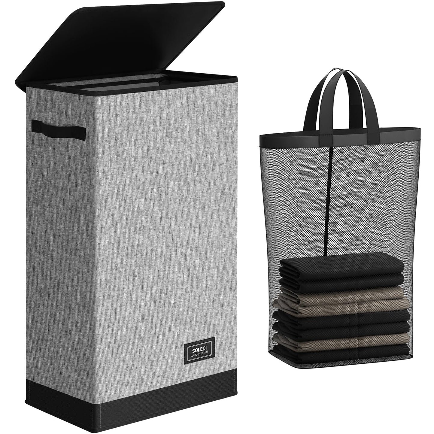 SOLEDI Laundry Hamper Black with Lid and Removable Bag - 100L Large and Tall Laundry Basket Collapsible with Handle for Clothing and Toys Storage - Dirty Clothes Hamper for Bedroom, bathroom, dorm