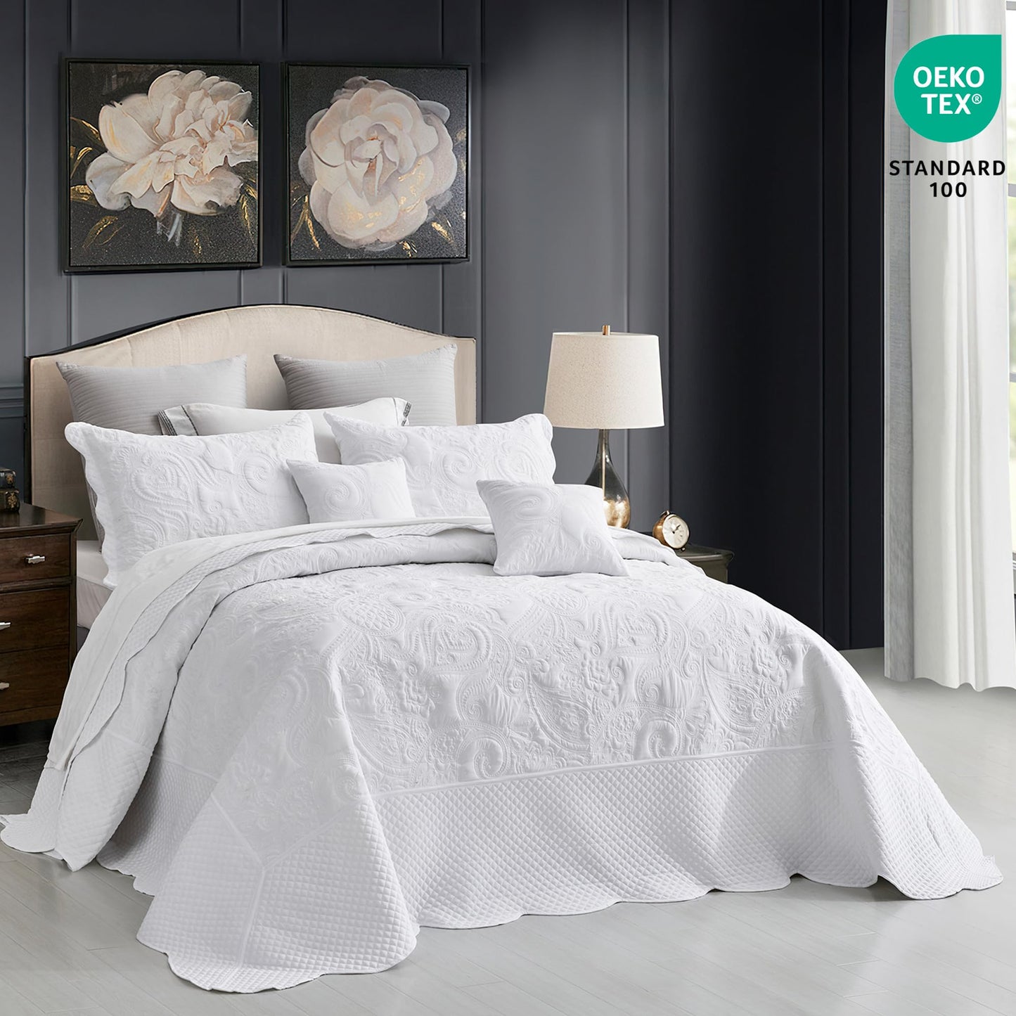 Oversized King Bedspread 128x120 Extra Wide, Paisley Pattern Design, Lightweight Bedding Cover, Reversible, 5 Piece, 100% Microfiber, King/Cal King, Pure White