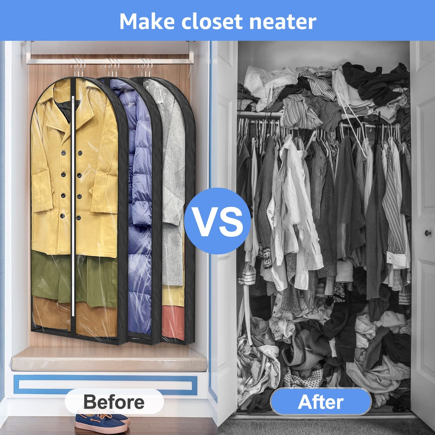 Sacs à vêtements transparents de 50 po pour suspendre des vêtements dans un placard avec soufflets de 4 po, sac de protection pour costumes pour robes, manteaux longs, vestes, pulls, chemises, 3 paquets, noir
