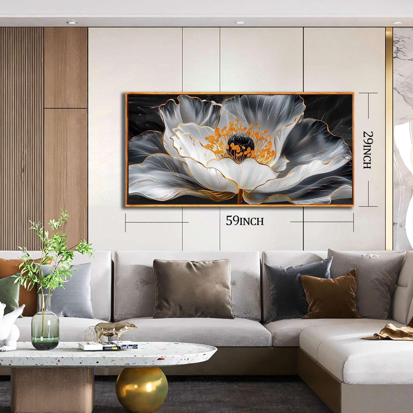Gold Wall Art White Wall Pictures Beautiful Flower Wall Decorations for Living Room Black Artwork 24"x48" Art for Home Office