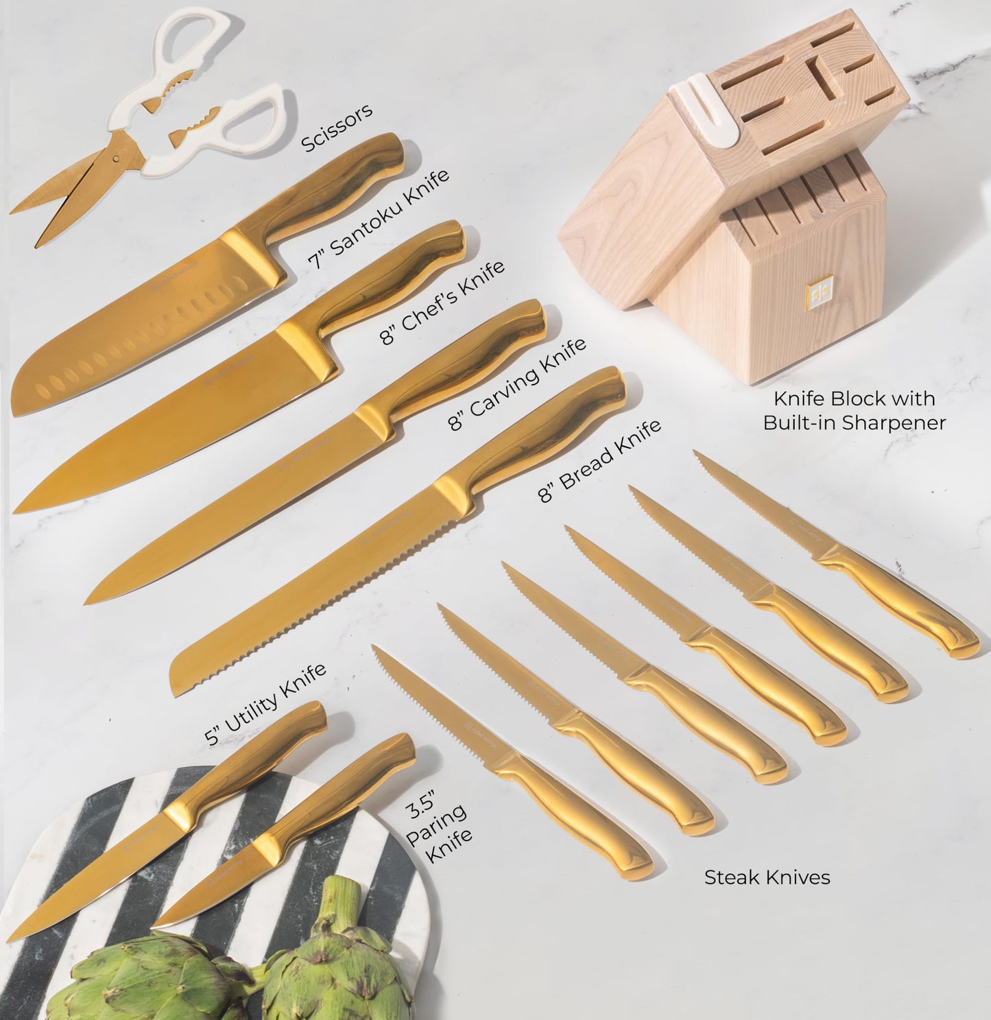 Kupfermesserset mit Block – 14-teiliges selbstschärfendes Messerblockset – Roségoldenes Messerset und schwarzer Messerblock mit Schärfer – Küchenzubehör und Dekor aus Kupfer