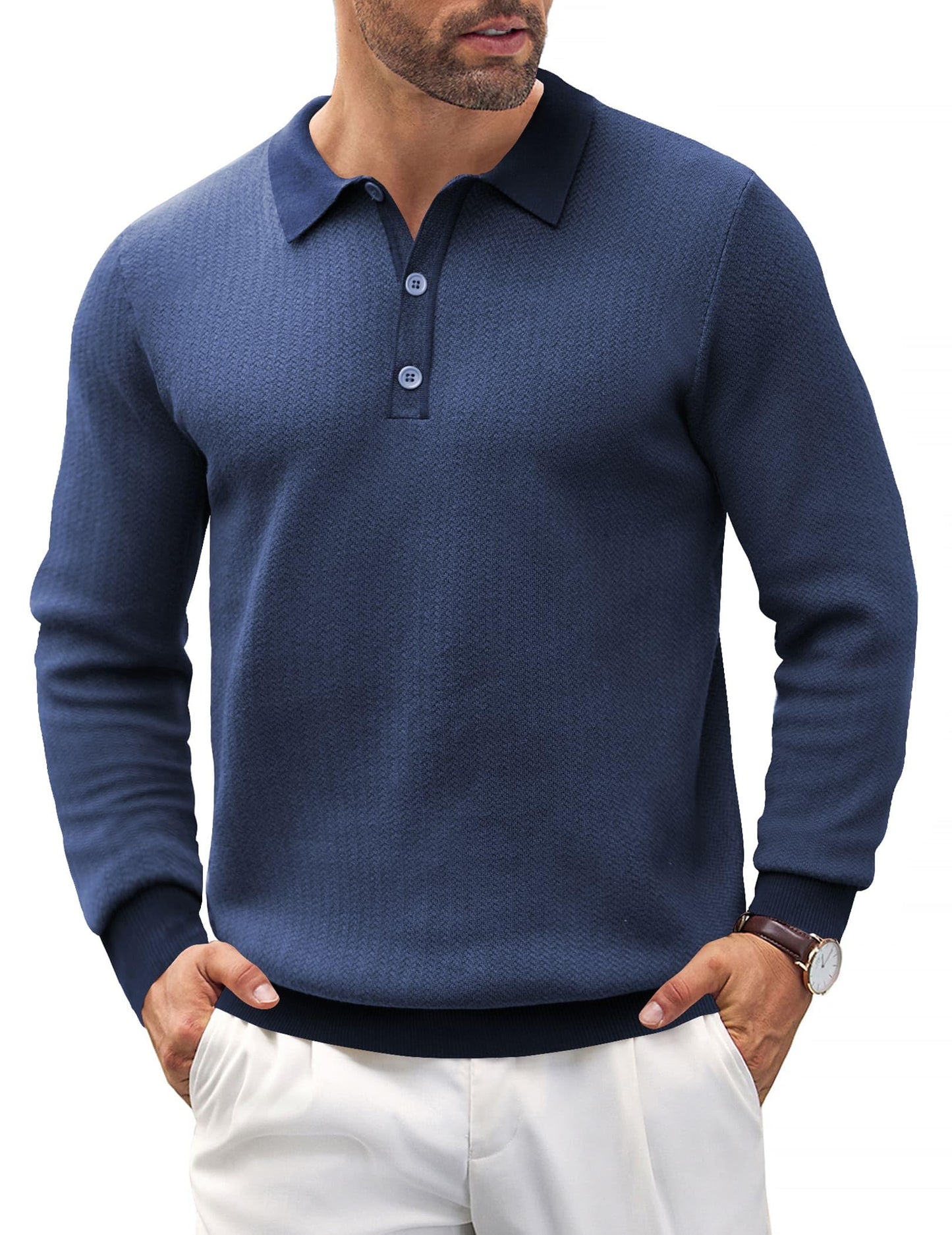 COOFANDY Mens Knit Polo Shirts Casual Long Sleeve Classic Polo Shirts Button Down Golf Shirts