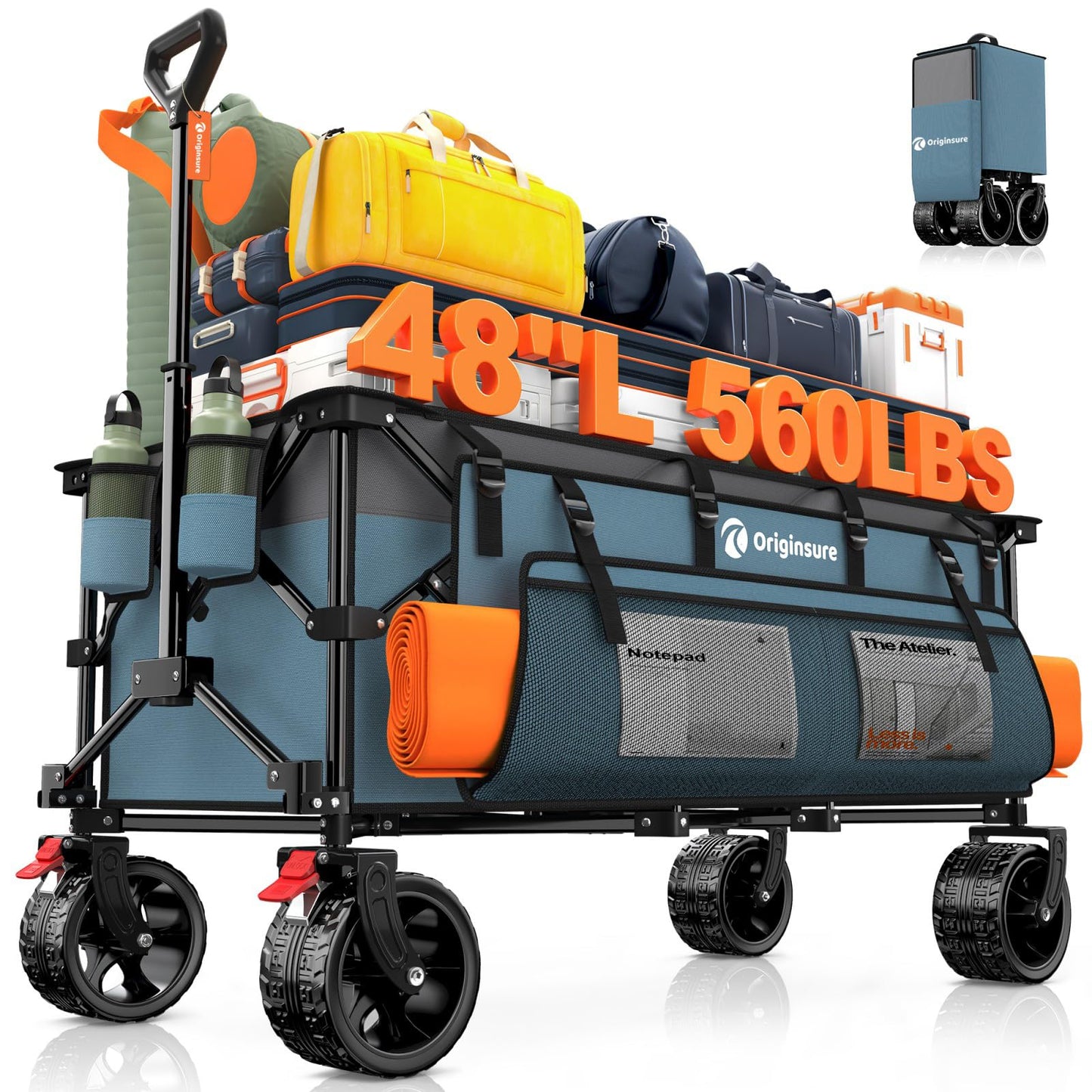 48" L Collapsible Wagon Cart Foldable, 560LB Weight Capacity 300L Heavy Duty Folding Beach Wagons with Big All-Terrain Wheels, Utility Carts for Groceries, Shopping, Camping, Sports - Black
