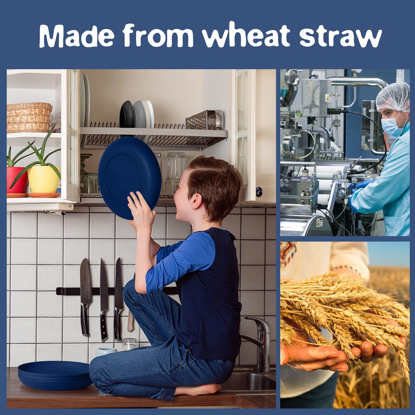 Teivio 16-Piece Kitchen Plastic Wheat Straw Dinnerware Set, Service for 4, Dinner Plates, Dessert Plate, Cereal Bowls, Cups, Unbreakable Plastic Outdoor Camping Dishes, Grey