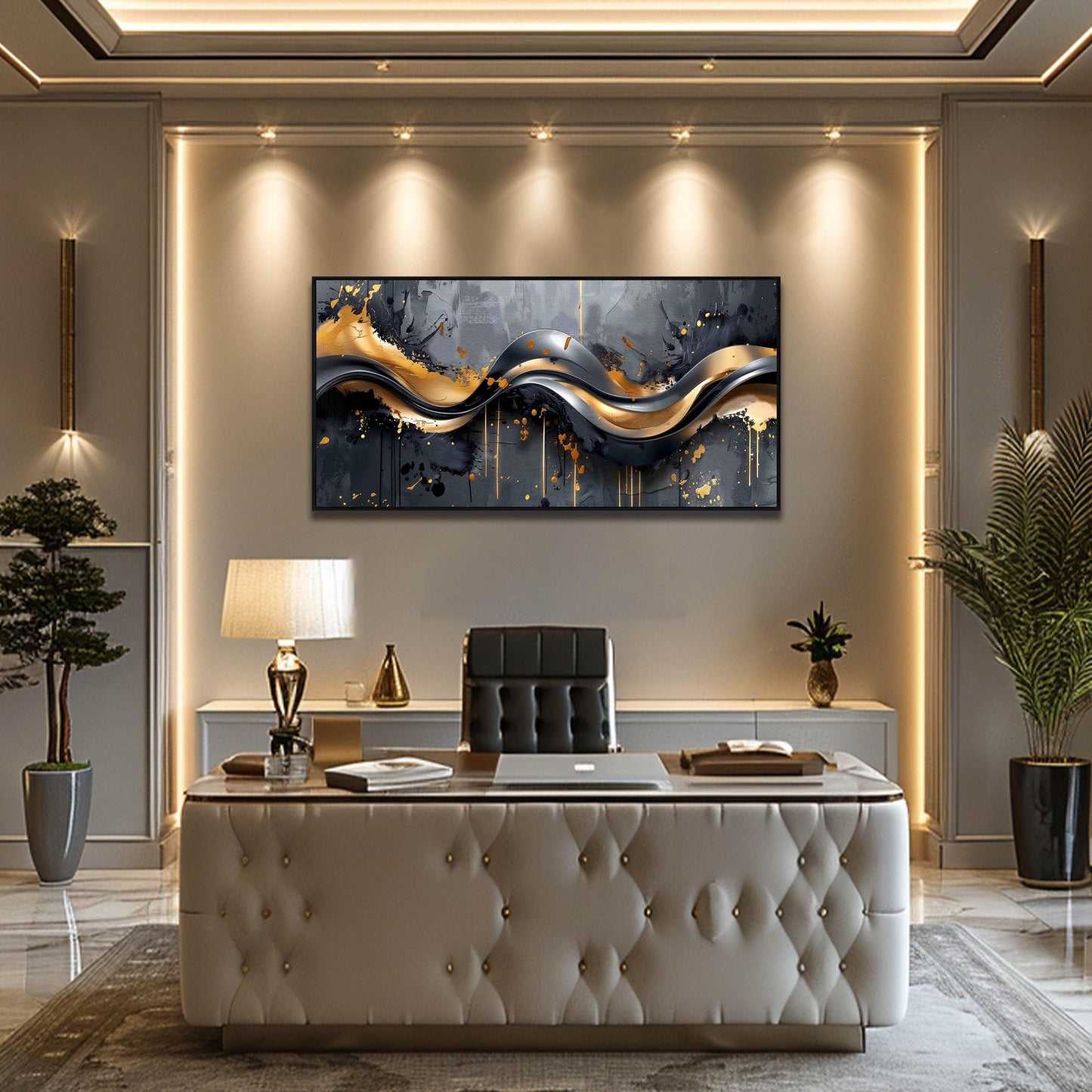 Gold Wall Art White Wall Pictures Beautiful Flower Wall Decorations for Living Room Black Artwork 24"x48" Art for Home Office
