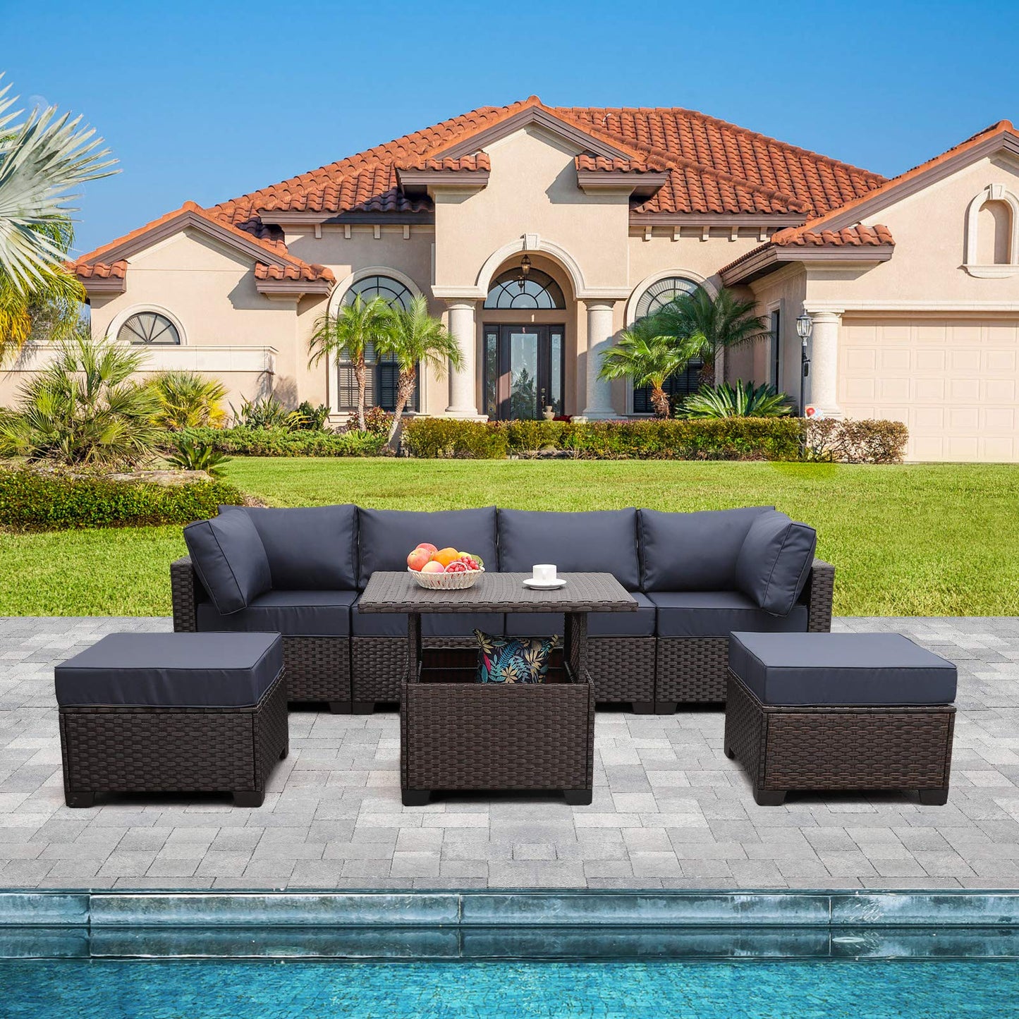 Outdoor Patio Dark Brown Rattan 7 Piece Sectional Set PE Wicker Conversation Sofa with Liftable Storage Table Non-Slip 5" Thick Royal Blue Cushion and Furniture Cover
