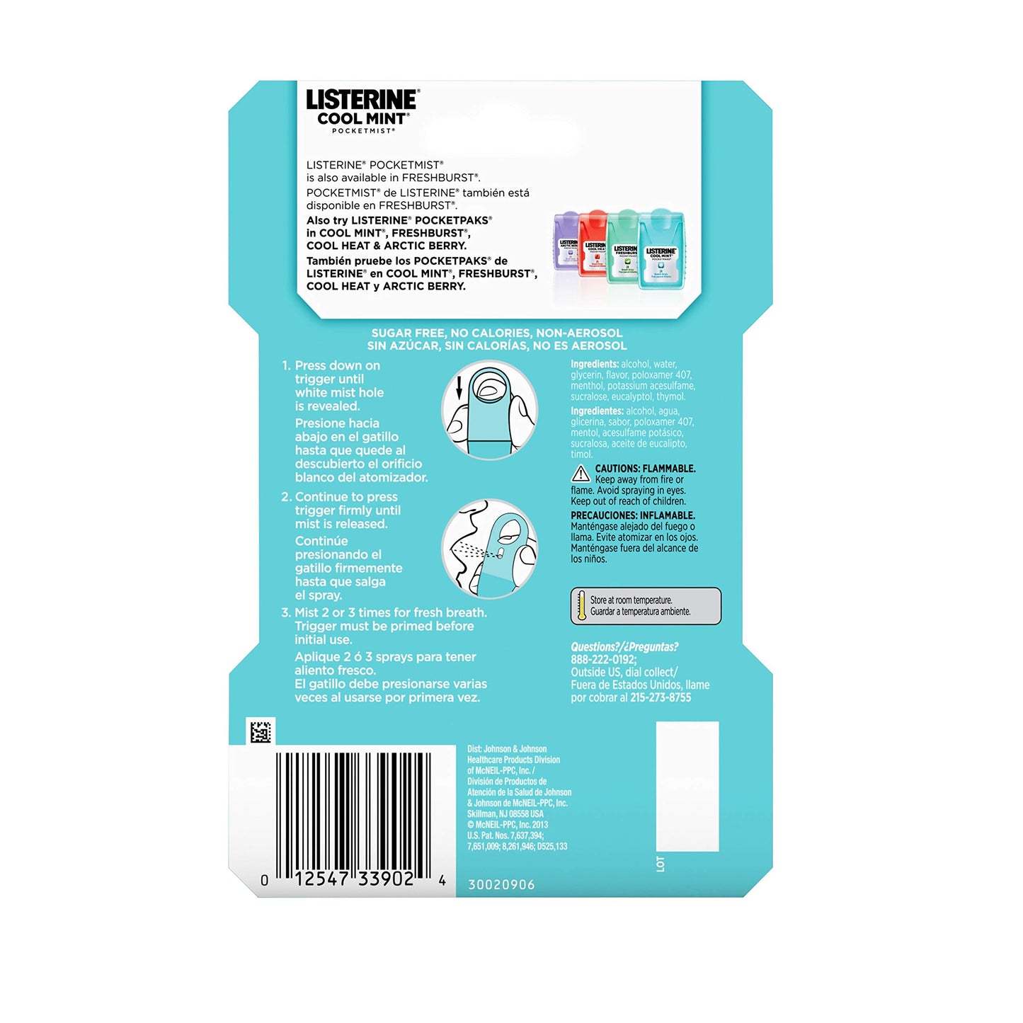 Listerine Freshburst Pocketmist Fresh Breath Oral Care Mist, Non-Aerosol Sugar-Free Minty Breath Refresher Spray to Kill 99% of Bad Breath Germs, Portable, Spearmint Flavor, 7.7 mL, 6 Sprays