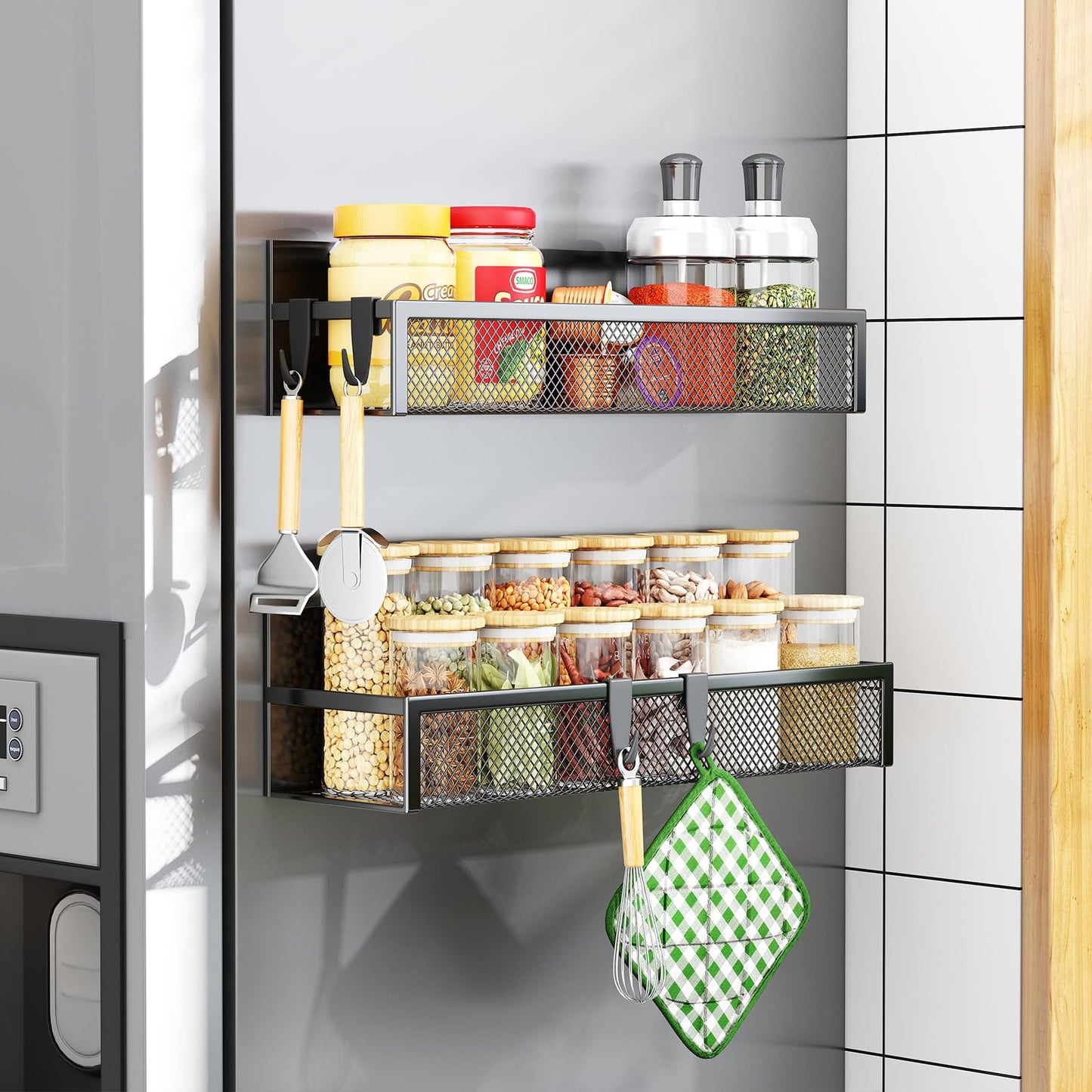 Magnetic Spice Rack for Refrigerator, 6 Pack Magnetic Shelf, Fridge Magnet Organizer with Moveable 12 Hooks, Magnetic Fridge Shelf for Kitchen Organization and Storage (6 Pack)