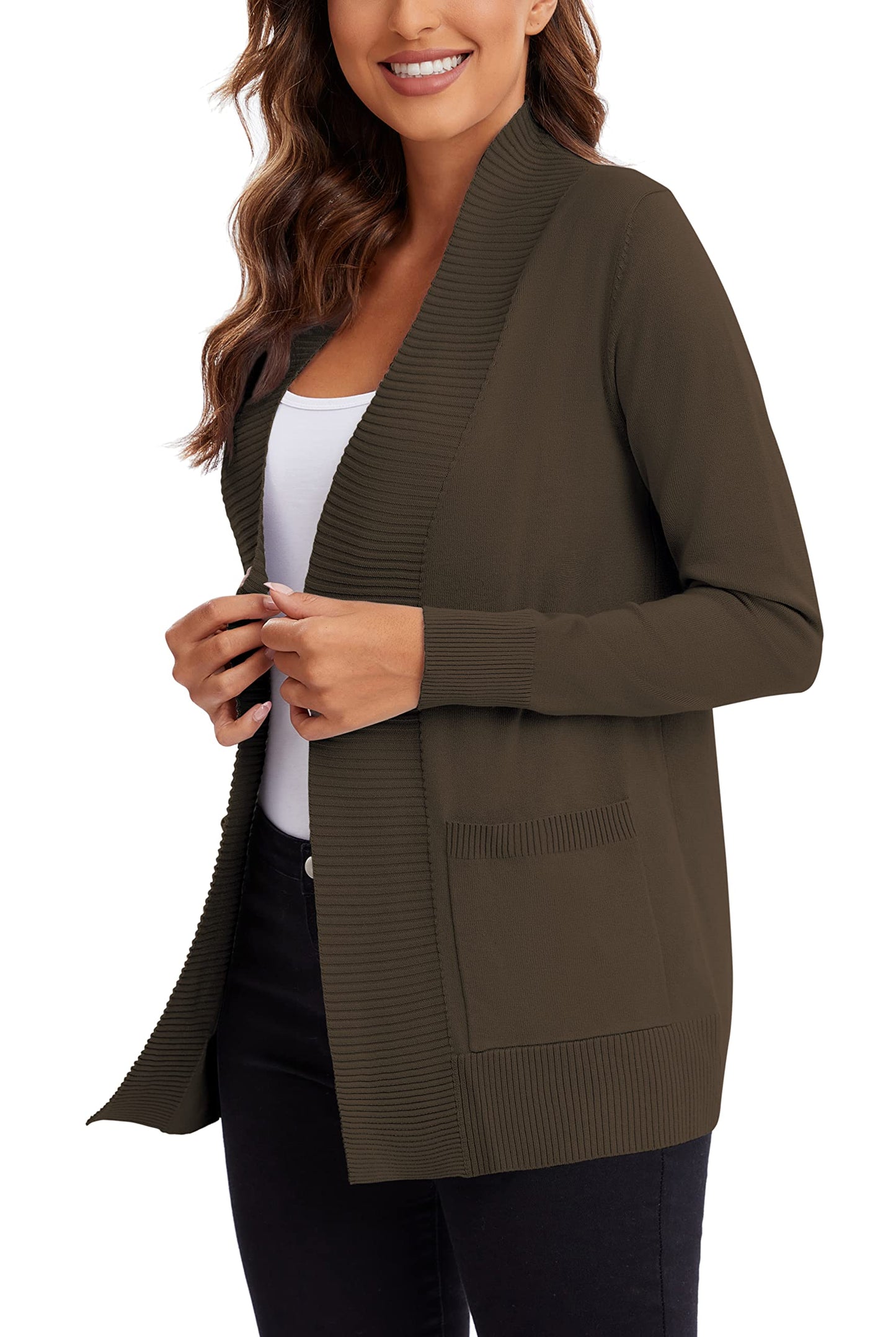 Urban CoCo Leichter Strickjacke für Damen mit offener Vorderseite, lange Ärmel, mit Tasche