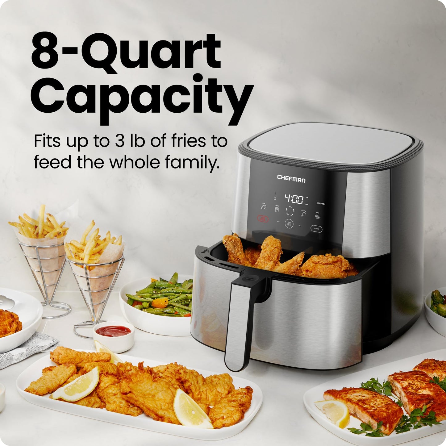 Chefman TurboFry® Touch Heißluftfritteuse, XL 8-Qt Familiengröße, digitale One-Touch-Voreinstellungen, Pommes Frites, Hähnchen, Fleisch, Fisch, antihaftbeschichtete, spülmaschinenfeste Teile, automatische Abschaltung, Edelstahl