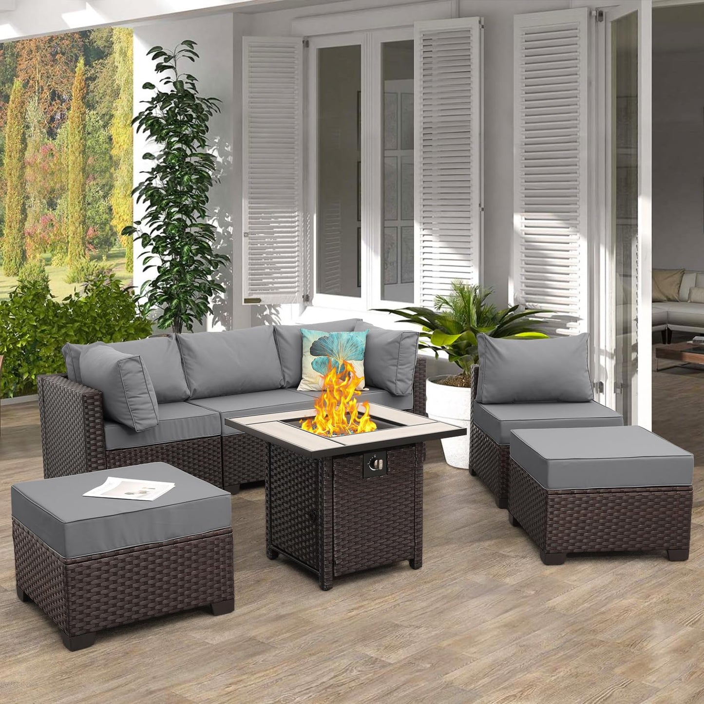 Outdoor Patio Dark Brown Rattan 7 Piece Sectional Set PE Wicker Conversation Sofa with Liftable Storage Table Non-Slip 5" Thick Royal Blue Cushion and Furniture Cover