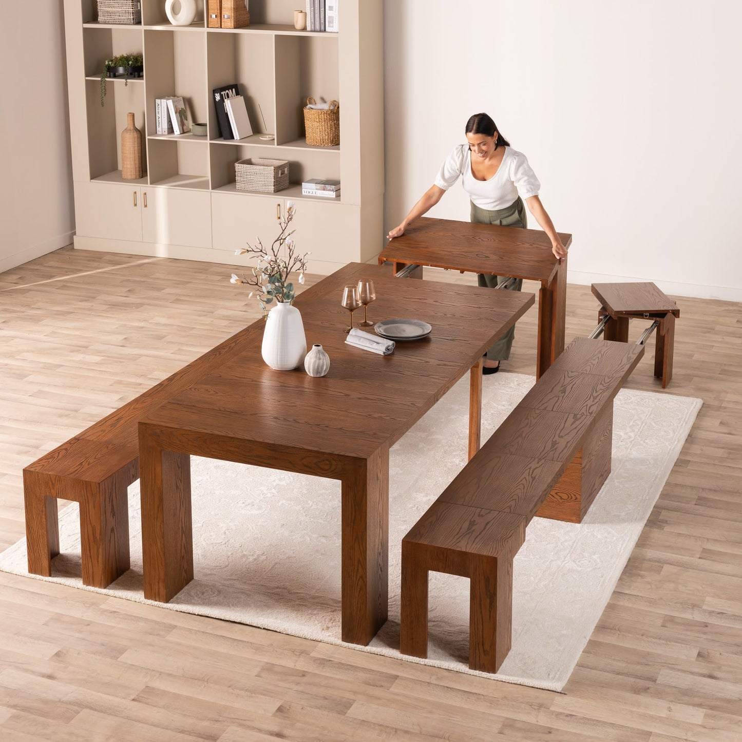 Transformer Table Esstisch-Set für 4 bis 12, ausziehbarer Esstisch aus Holz mit ausziehbarer Bank, Möbel für kleine Räume, Küchentisch-Set (Dunkelgrau, Tisch + Bank)