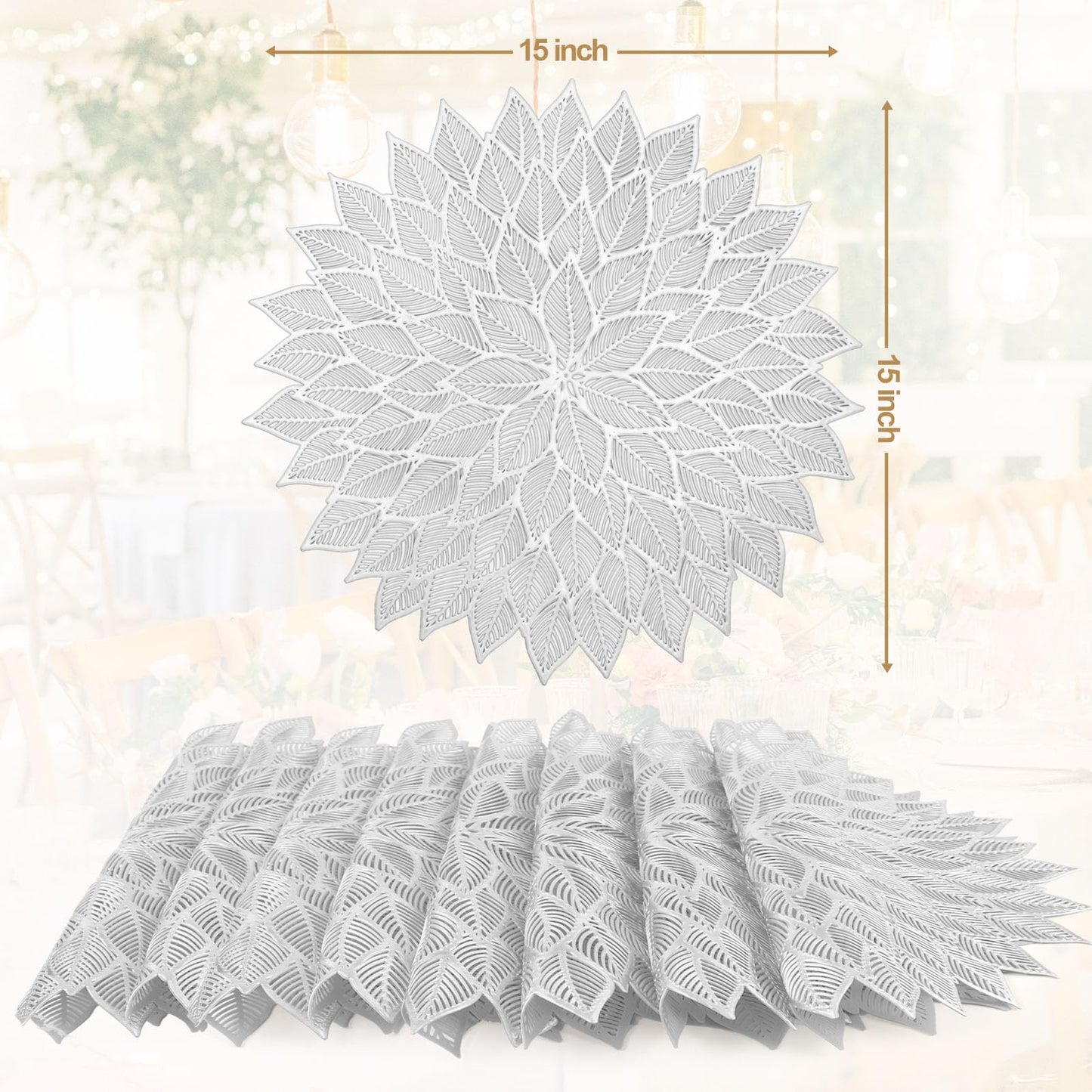Tischsets, 6er-Set, runde Tischsets mit ausgehöhlten Blumen für den Esstisch, gepresstes Vinyl, Tischsets mit blühenden Blättern für Feiertage, Partys, Hochzeiten, Akzente, Tafelaufsätze, Tischdekoration (Gold)