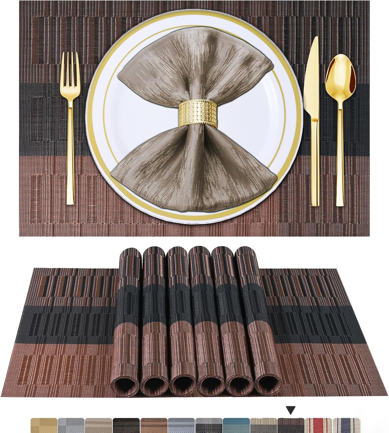 Tischsets 6er-Set, gewebtes Vinyl-Tischset für Esstisch, waschbar, abwischbar, Küchentischsets, strapazierfähige Tischsets für drinnen und draußen, 01 Beige, 6 Stück