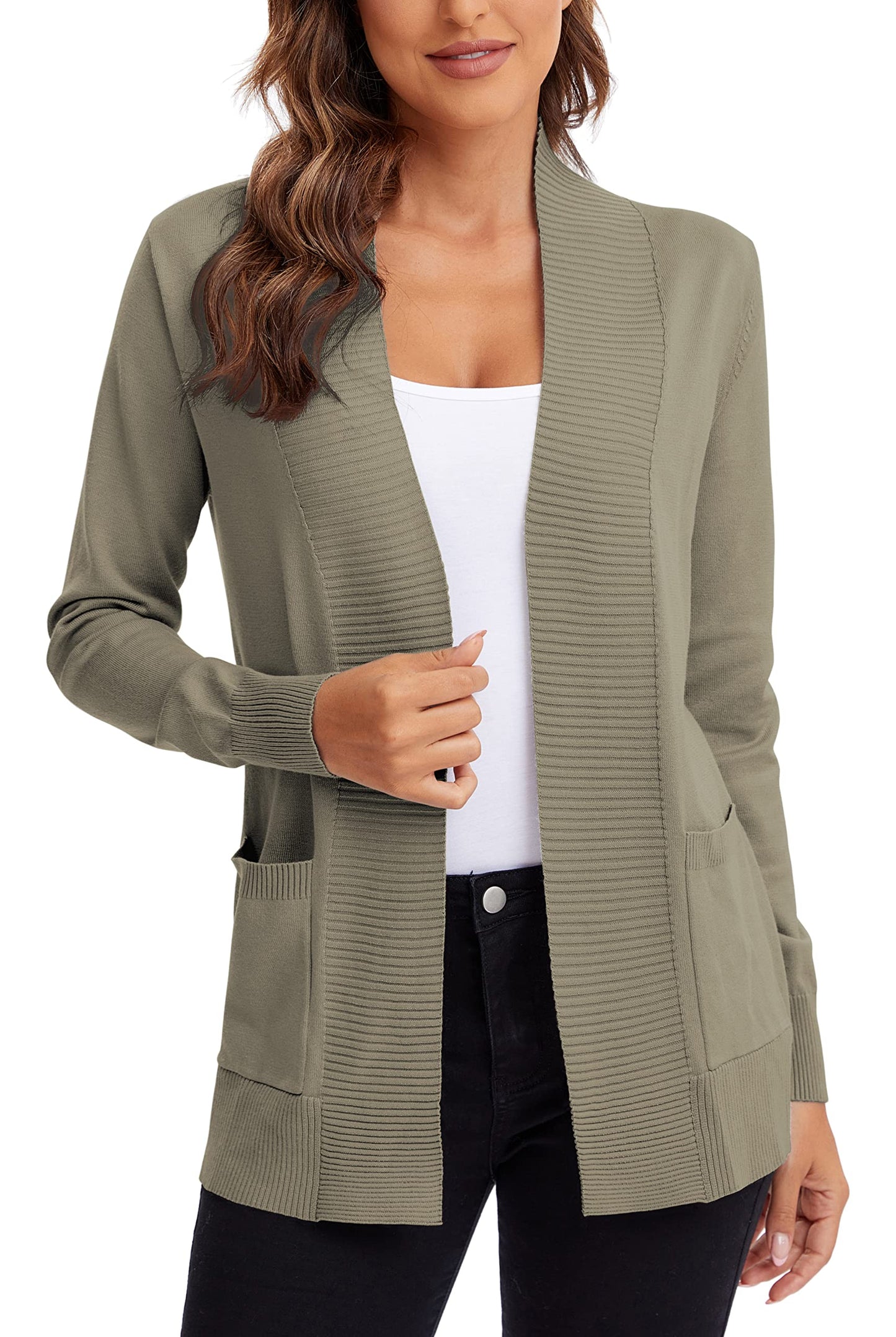 Urban CoCo Leichter Strickjacke für Damen mit offener Vorderseite, lange Ärmel, mit Tasche