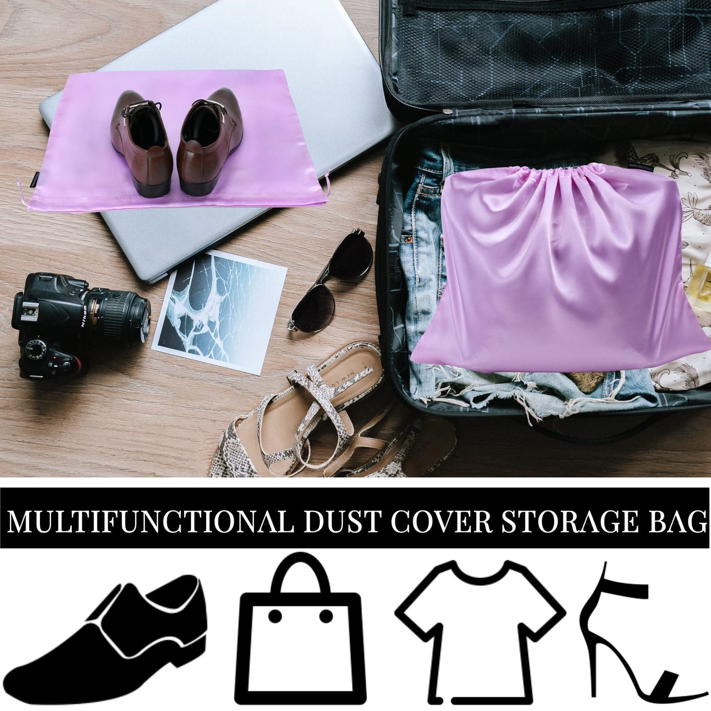 Lot de 6 sacs anti-poussière en soie pour sacs à main, sacs à main, chaussures, bottes, sac à cordon anti-poussière en soie, pochette de rangement de voyage (blanc, 19,6 × 15,7 pouces)