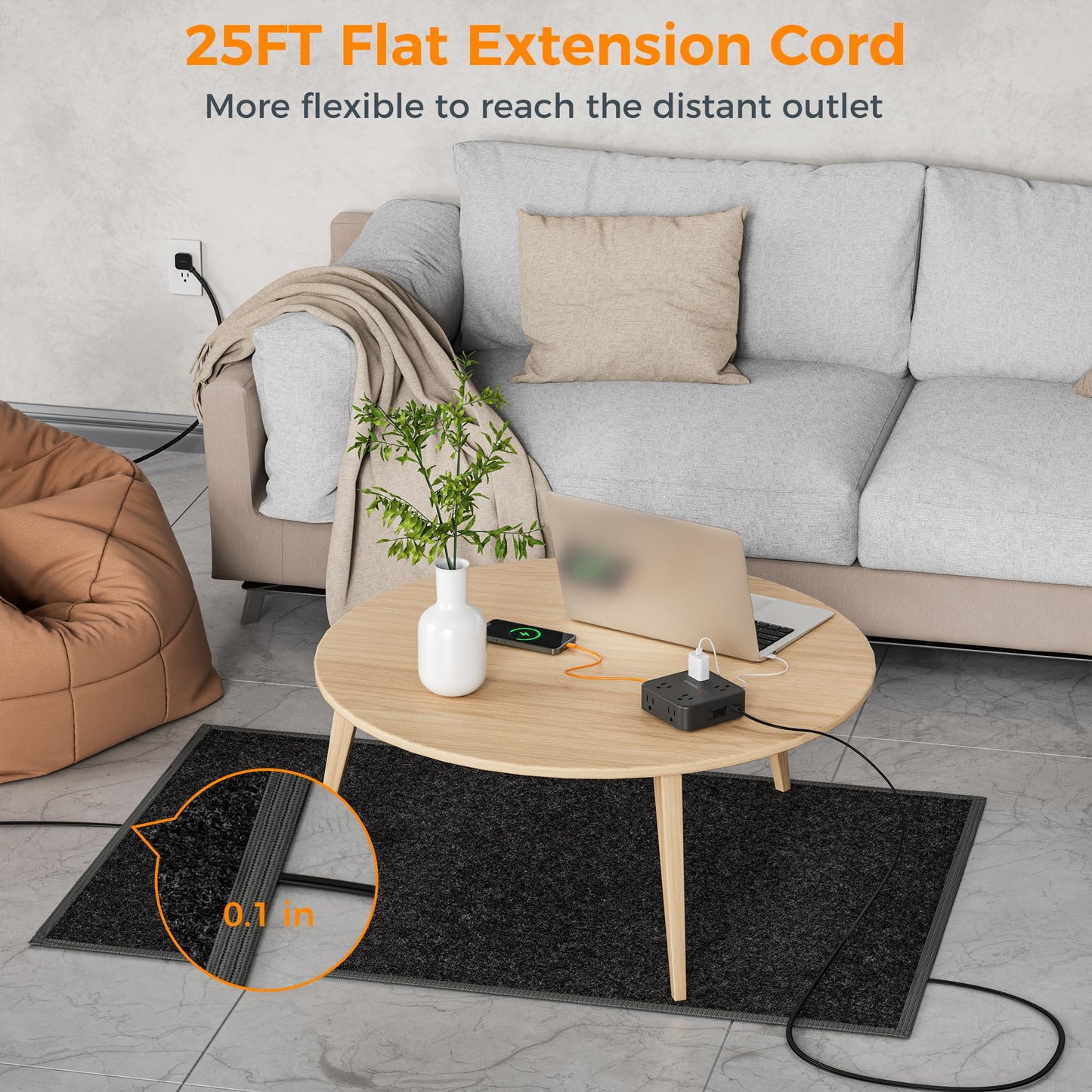 Surge Protector Flat Extension Cord Flat Plug Power Strip, 8 AC Outlets, 3 USB Charger(1 USB C Port) 3-Sided Outlet Extender, 5 Ft, 900 Joules Protection