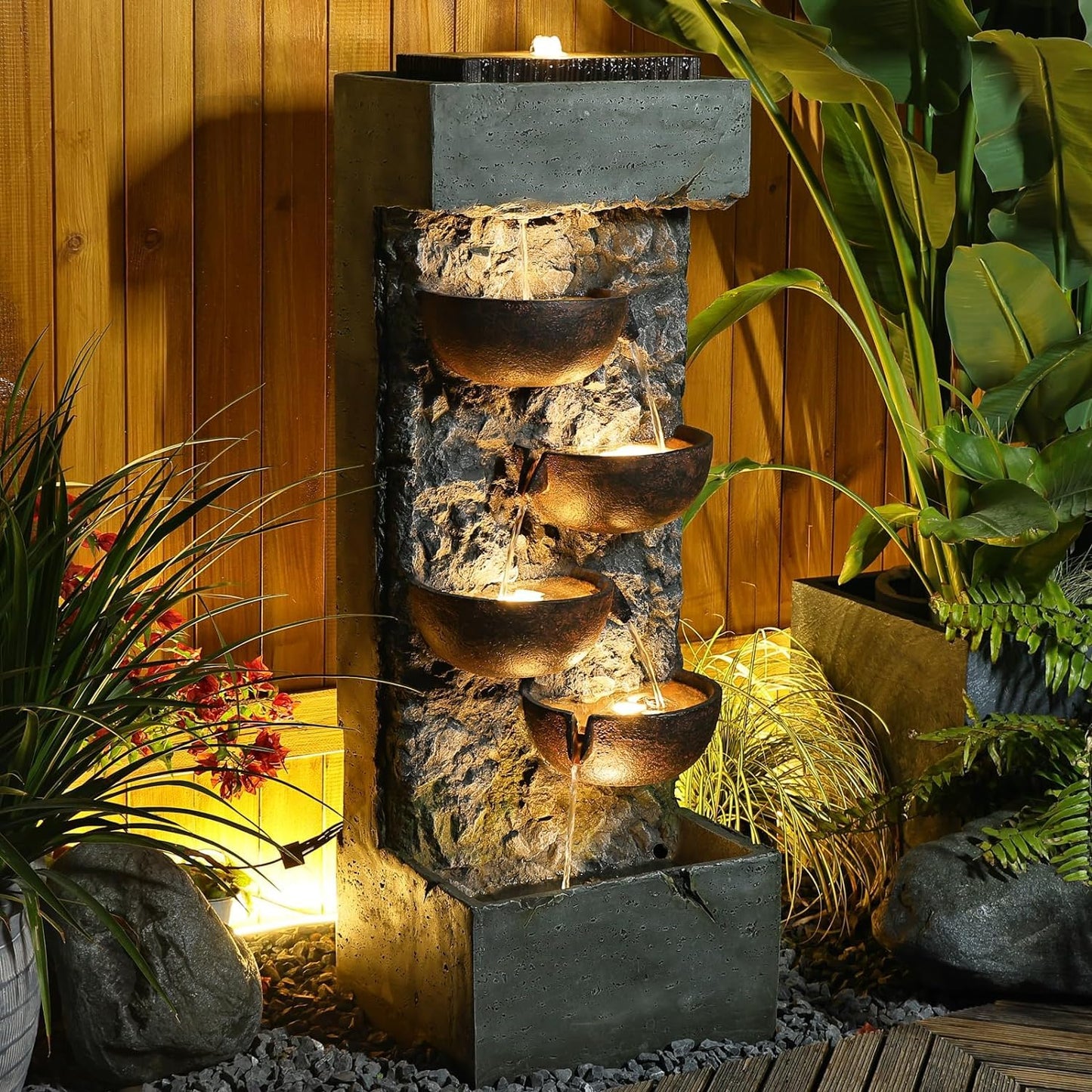 Outdoor Water Fountain Circular Elegance Waterfalls Fountain Indoor Floor Standing Water Fountains with LED Lights, Pump for Garden, Living Room, Patio, 38 inches Height