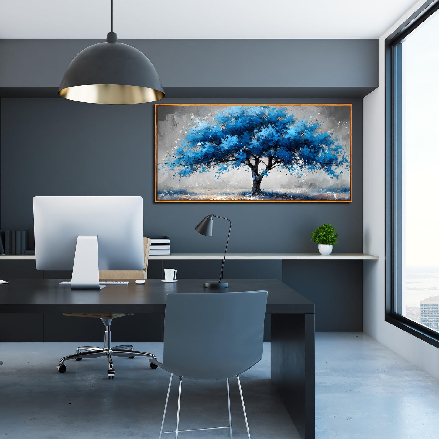 Ouzzlie Large Flower Wall Decor Blue Wall Art for Living Room Gold Art Lotus Posters for Home Office 29" x 59"