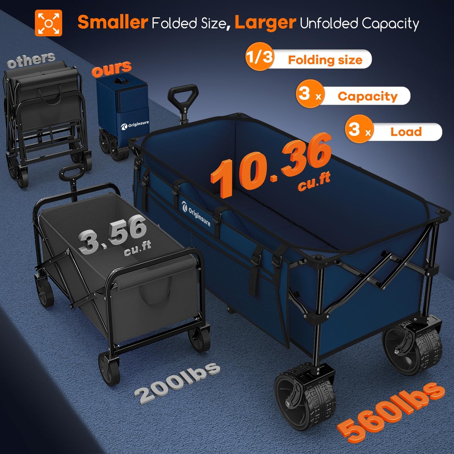 48" L Collapsible Wagon Cart Foldable, 560LB Weight Capacity 300L Heavy Duty Folding Beach Wagons with Big All-Terrain Wheels, Utility Carts for Groceries, Shopping, Camping, Sports - Black