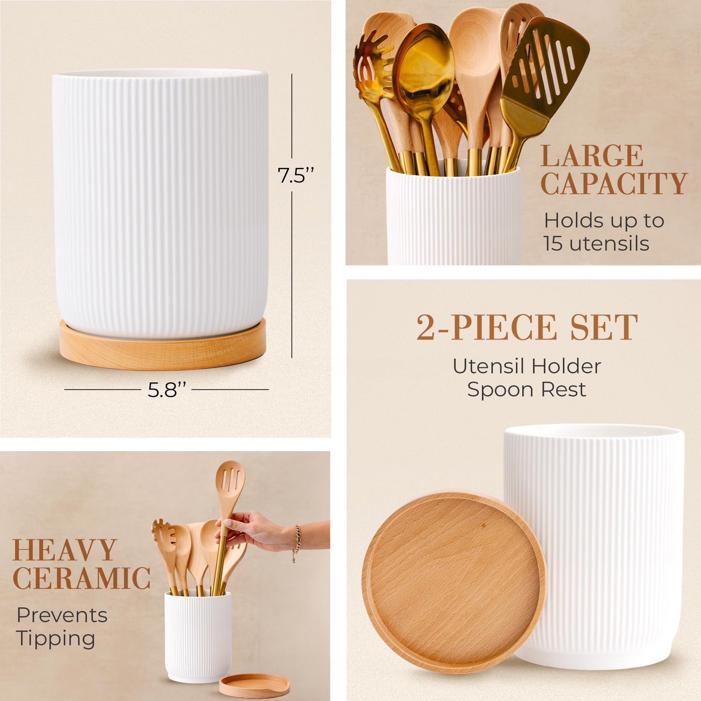 Ensemble d'ustensiles de cuisine en bois – Ensemble de 8 pièces comprenant des ustensiles de cuisine en bois et en or, un porte-ustensiles blanc et un repose-cuillère en bois – Ustensiles de cuisine durables et élégants pour cuisiner et servir