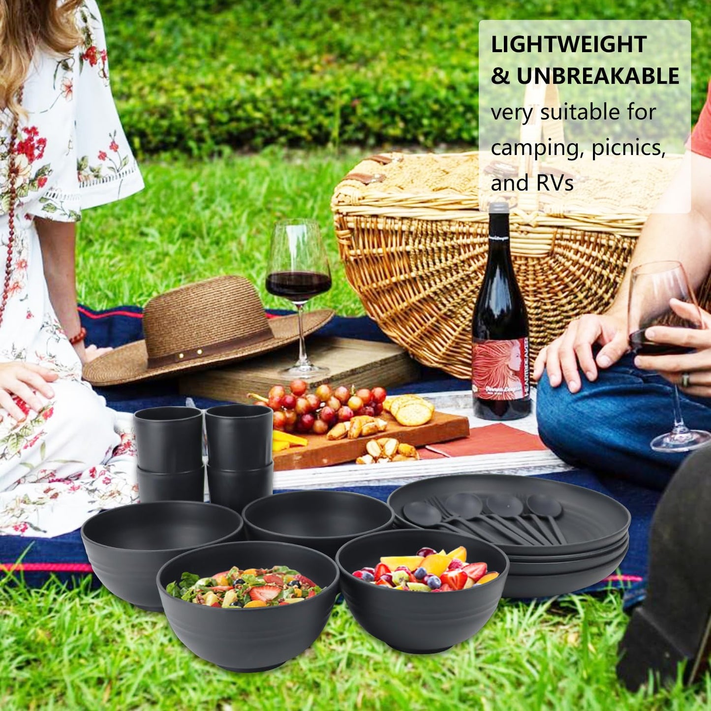 28 Piece Wheat Straw Dinnerware Sets,Dishwasher & Microwave Safe Plates and Bowls Sets - Unbreakable Plastic Dinnerware Sets for 4 Dinner Plates, Cups, Cereal Bowls - Colorful Series