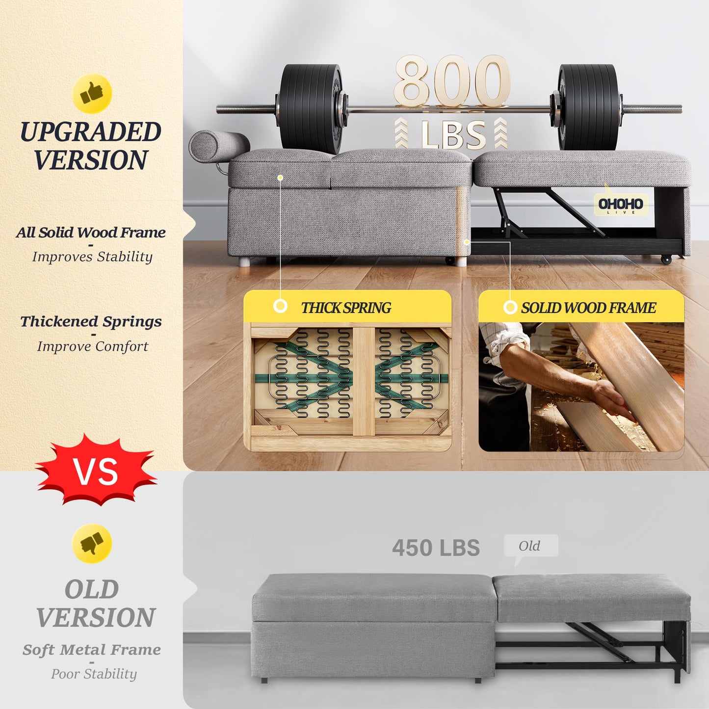 Schlafsofa, 4-in-1-Couch, umwandelbares Sofa, Zweisitzer-Couch aus Leinenstoff mit 2 Dekokissen, Einzel-Relaxsessel für kleine Räume mit 5-fach verstellbarer Rückenlehne