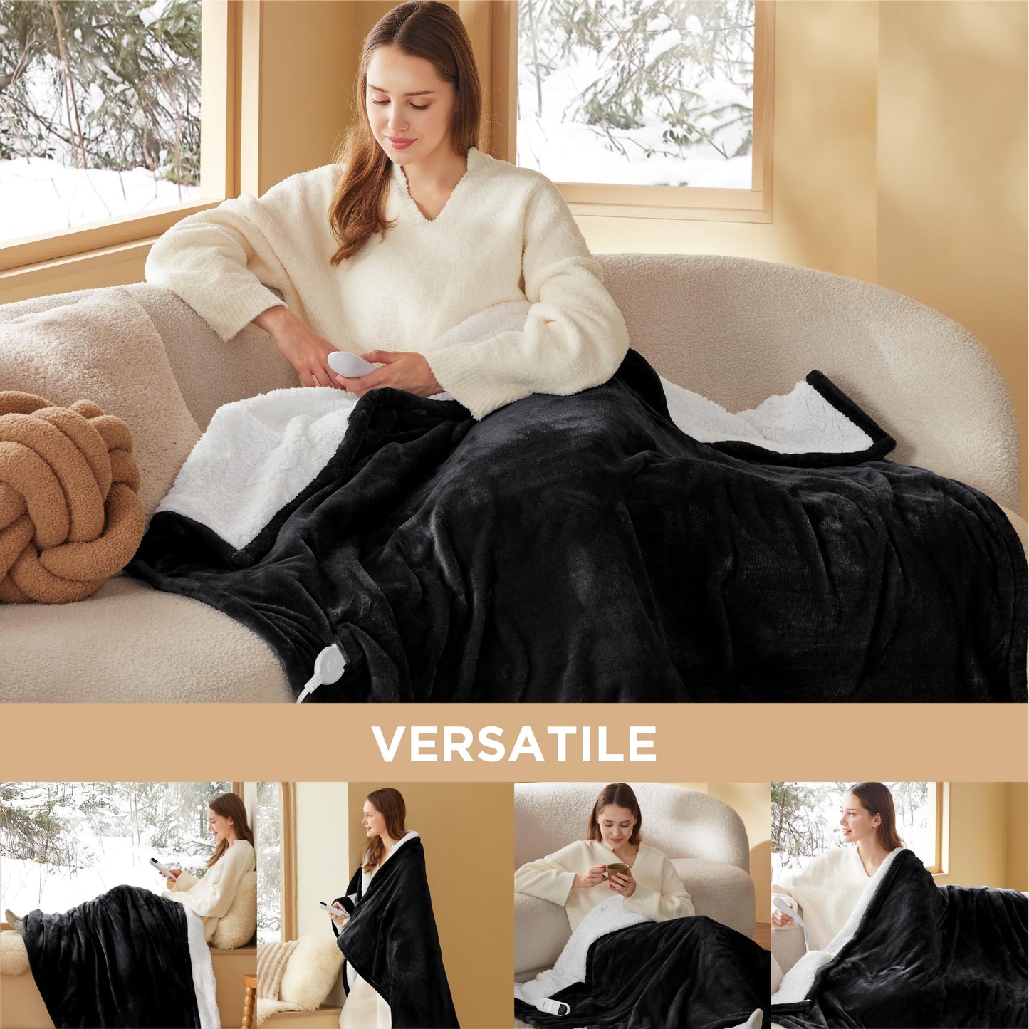 Electric Heated Blanket/Throw - Seamless Flannel Electric Blanket, Heating Blanket with 4 Time Settings & 6 Heat Settings, Warm Blanket Gift for Grandma (50x60 inches, Black)