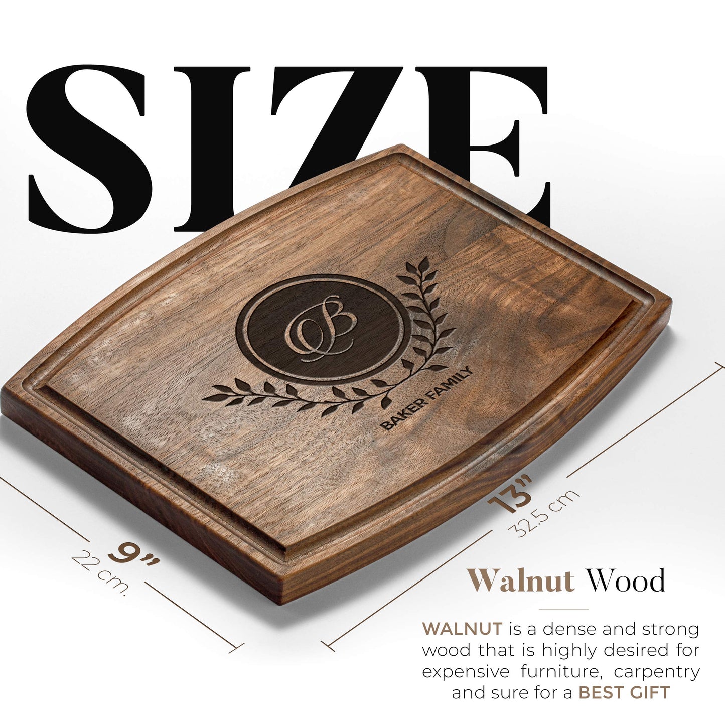 Personalisiertes Walnuss-Schneidebrett mit Untersetzern, Mineralöl und Geschenkverpackung erhältlich – Gestalten Sie Ihr eigenes Schneidebrett, hergestellt in den USA (Design 22, 3. Walnuss 17"x11")