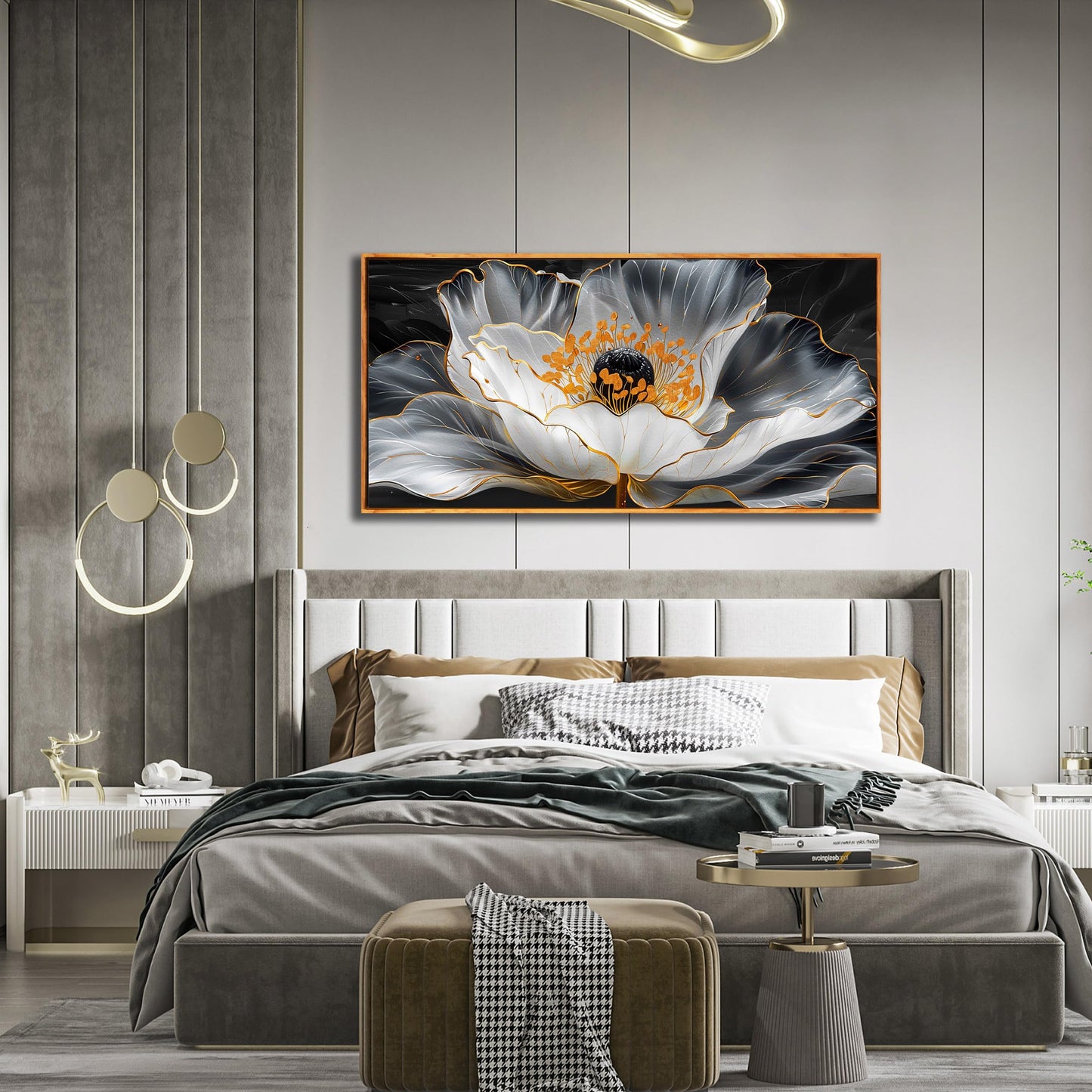 Gold Wall Art White Wall Pictures Beautiful Flower Wall Decorations for Living Room Black Artwork 24"x48" Art for Home Office