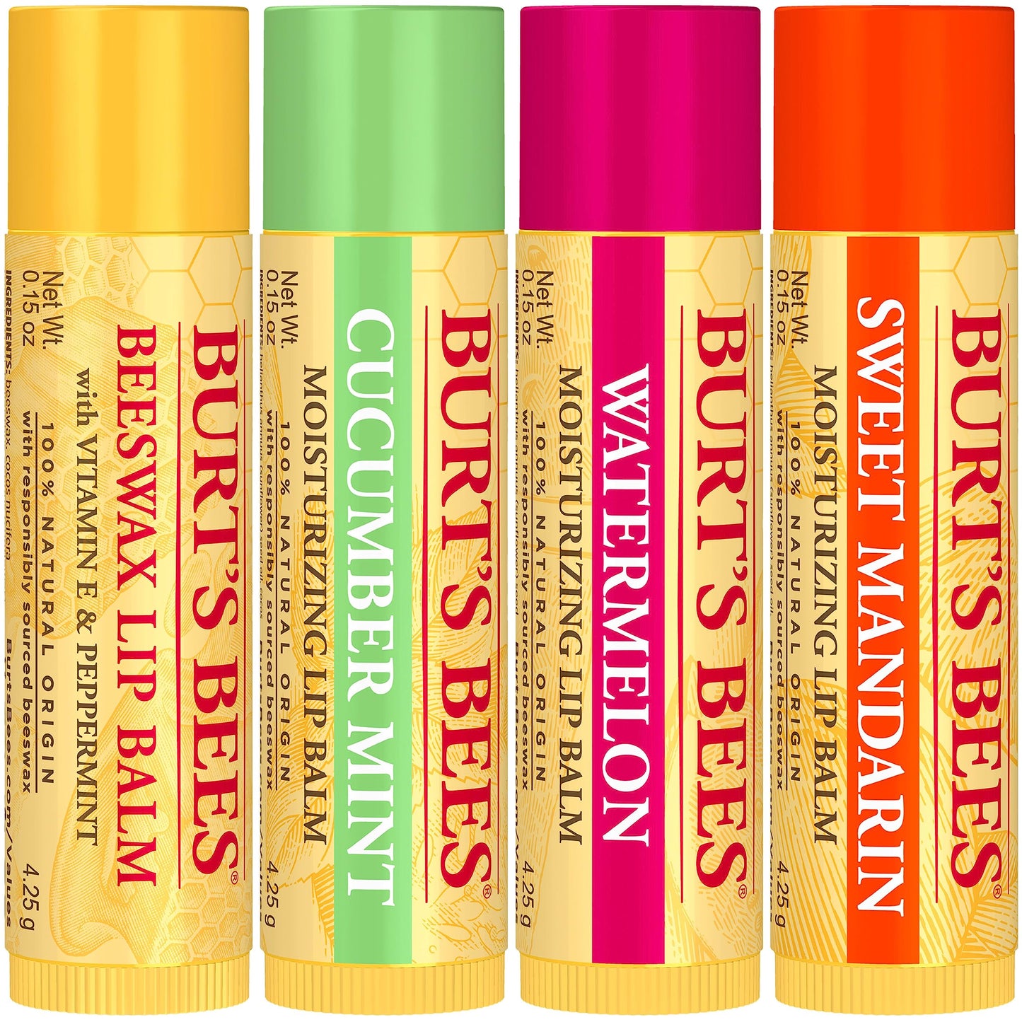 Lip Balm - Beeswax, Strawberry, Coconut and Pear, and Vanilla Bean, With Responsibly Sourced Beeswax, Tint-Free, Natural Origin Lip Treatment, 4 Tubes, 0.15 oz.