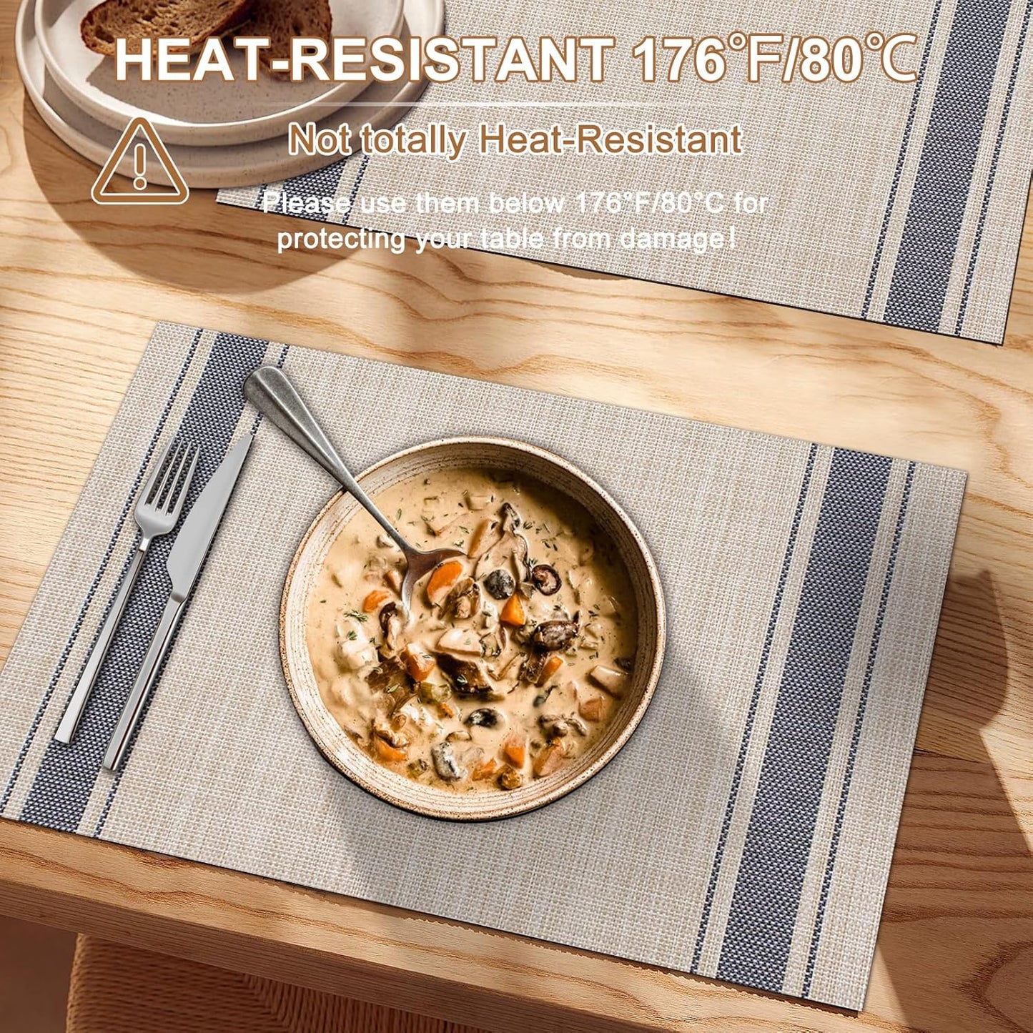 Tischsets 6er-Set, gewebtes Vinyl-Tischset für Esstisch, waschbar, abwischbar, Küchentischsets, strapazierfähige Tischsets für drinnen und draußen, 01 Beige, 6 Stück