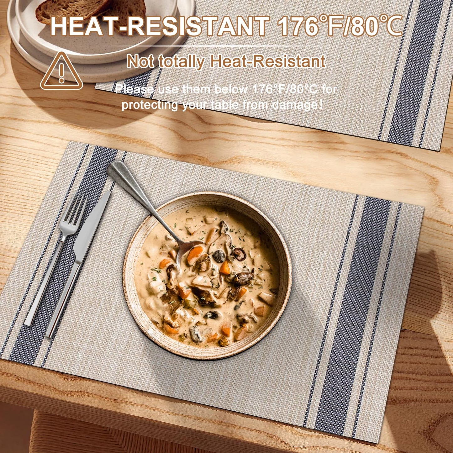 Tischsets 6er-Set, gewebtes Vinyl-Tischset für Esstisch, waschbar, abwischbar, Küchentischsets, strapazierfähige Tischsets für drinnen und draußen, 01 Beige, 6 Stück