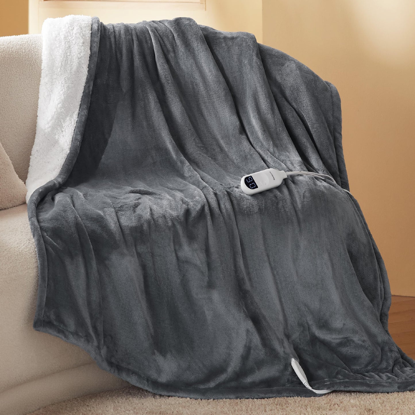Electric Heated Blanket/Throw - Seamless Flannel Electric Blanket, Heating Blanket with 4 Time Settings & 6 Heat Settings, Warm Blanket Gift for Grandma (50x60 inches, Black)