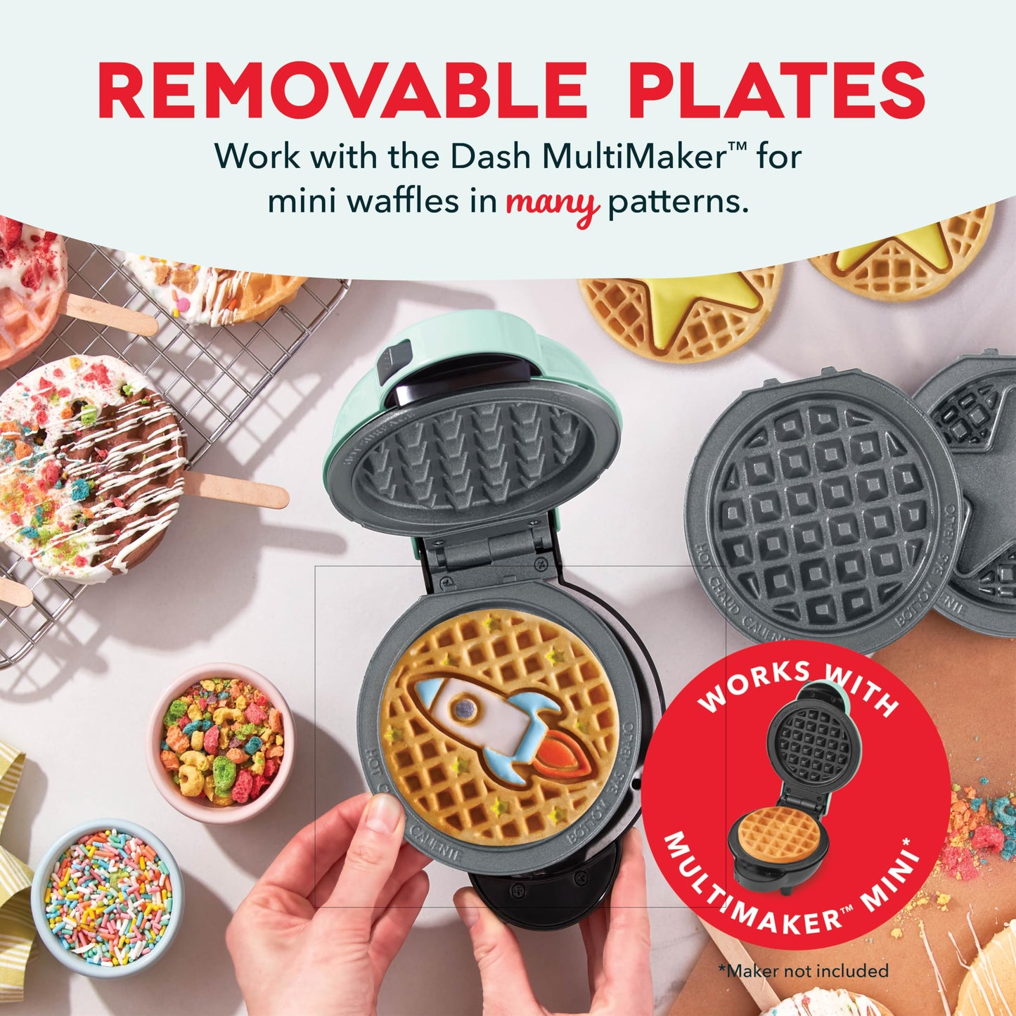 DASH Multimaker Mini System Two 4” Nonstick Removable Waffle Plates (Gingerbread & Snowflake) - 2Pc Plate Pack for Waffle Iron & Griddle, Compatible with Dash MultiMaker Mini System, Nonstick Surface