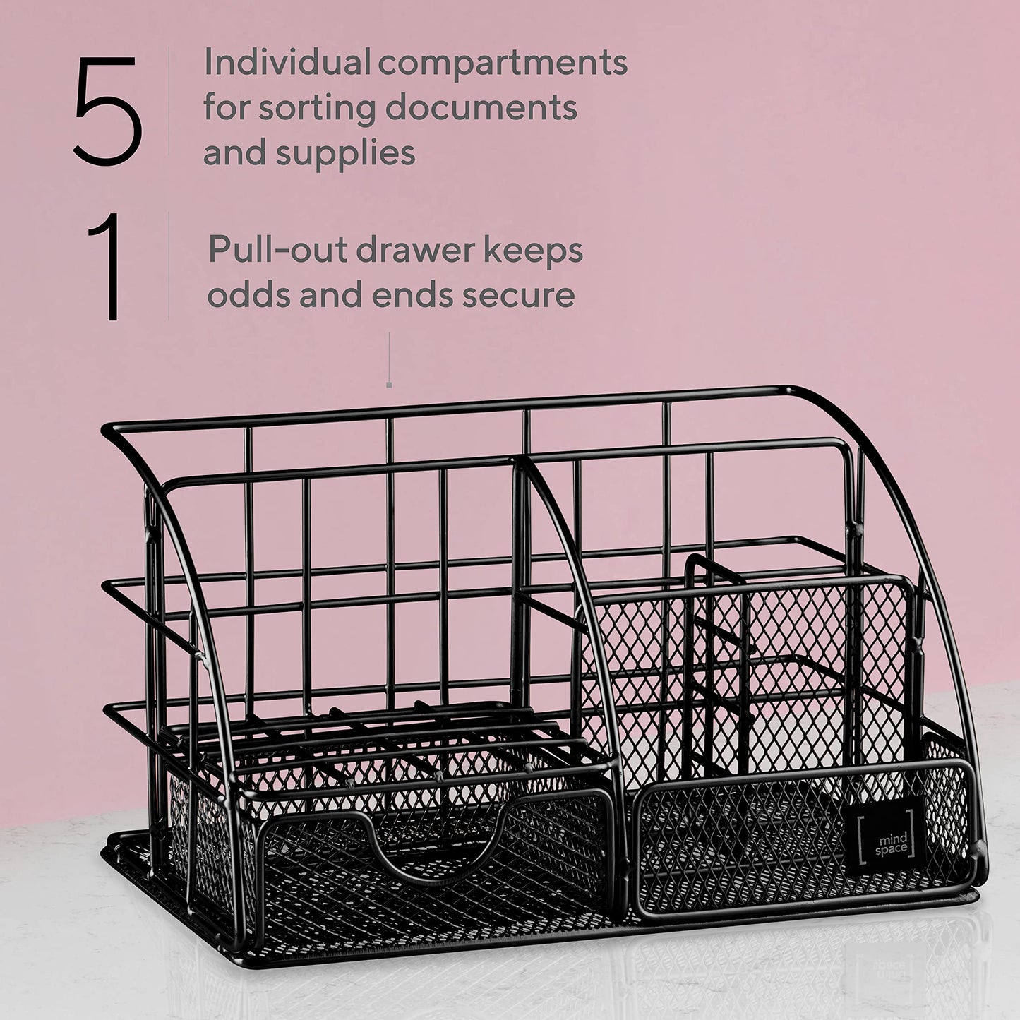 Schwarzer Schreibtisch-Organizer von Mindspace – Schreibtisch-Organizer für das Homeoffice mit Schublade + Büroklammern, Heftklammern – Organizer für Schulbedarf, Stifthalter für den Schreibtisch, kleiner Organizer | The Wire Collection
