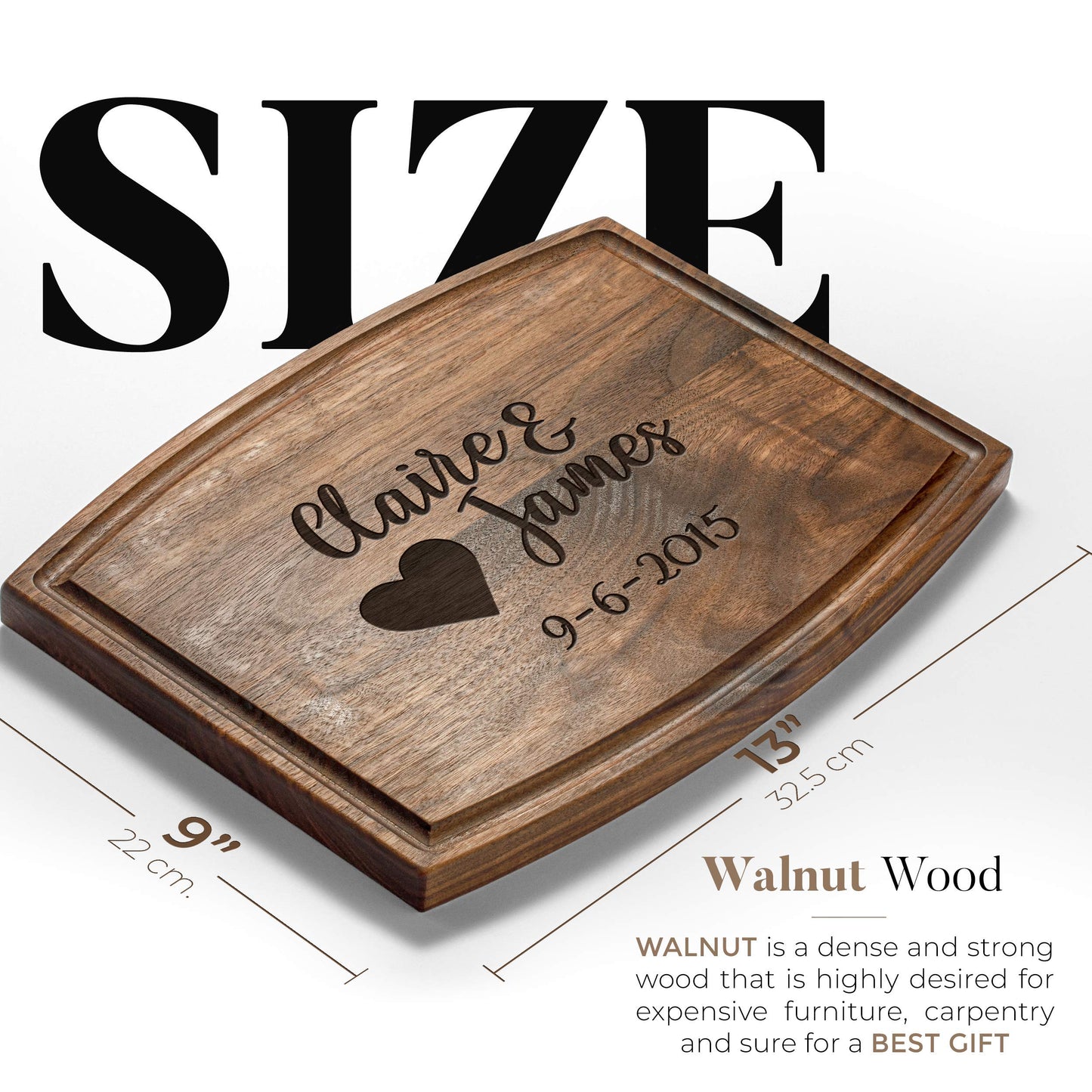 Personalisiertes Walnuss-Schneidebrett mit Untersetzern, Mineralöl und Geschenkverpackung erhältlich – Gestalten Sie Ihr eigenes Schneidebrett, hergestellt in den USA (Design 22, 3. Walnuss 17"x11")