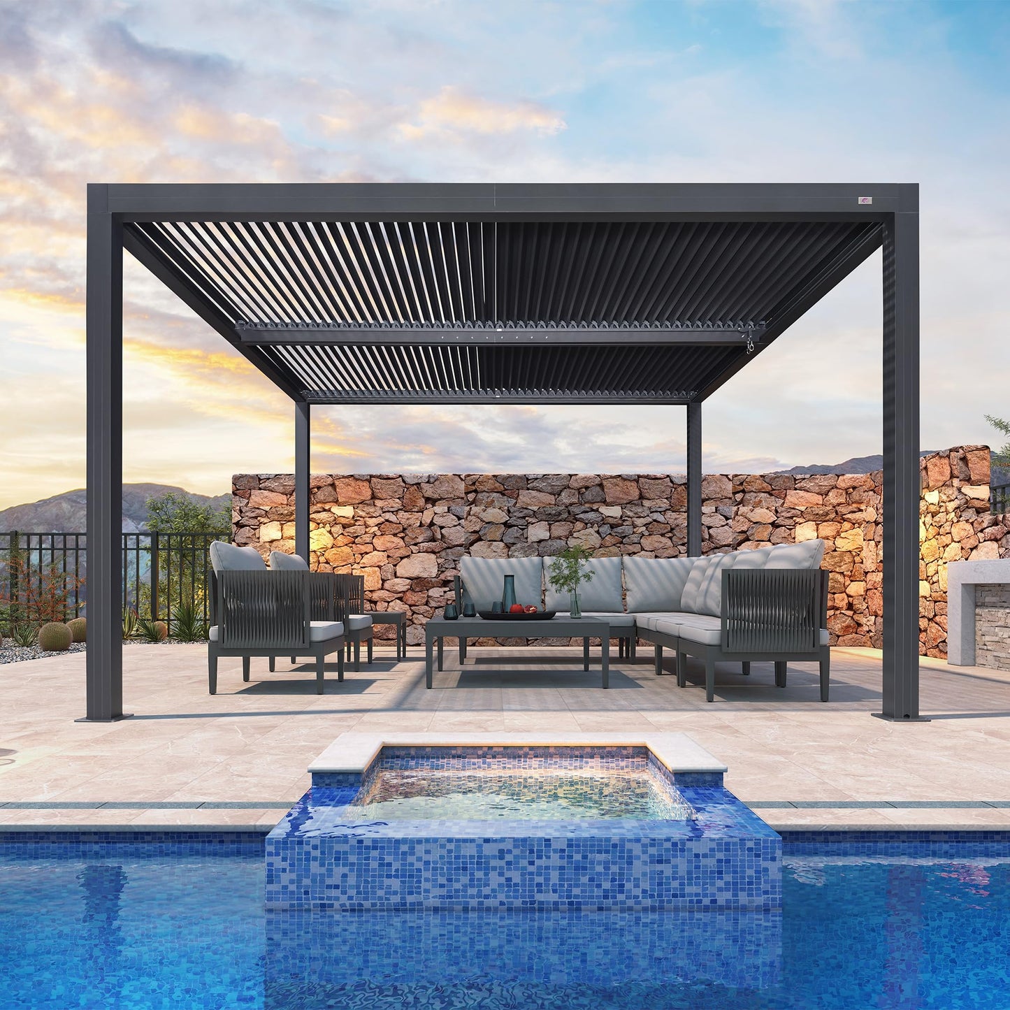 PURPLE LEAF Lamellenpergola 94AS, 3,3 x 4,3 m, Aluminium-Pergola für den Außenbereich mit Sonnenschutz, verstellbarem Dach für Terrasse, Hinterhof, grauer Pavillon mit festem Dach, 1 lange Seite und 2 kurze Seiten