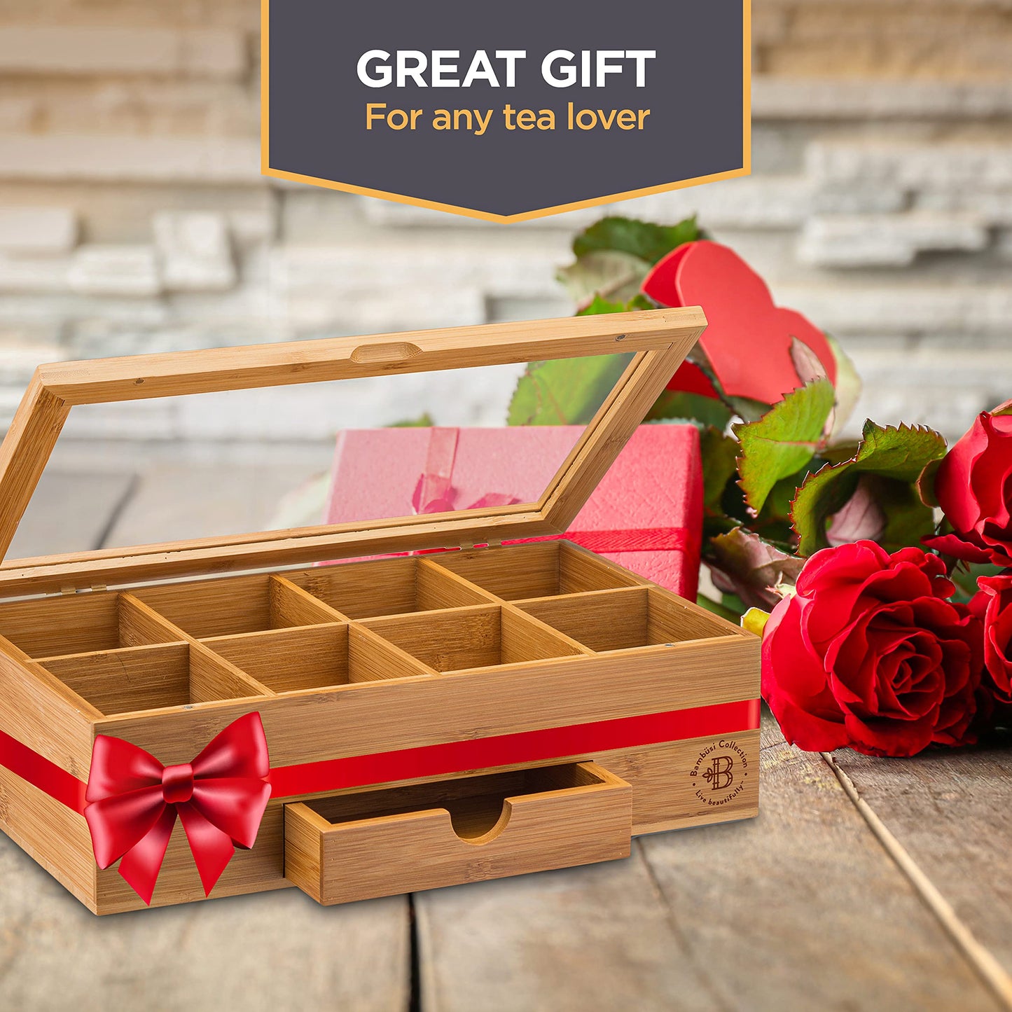 Bamboo Tea Bag Organizer Storage Box with Drawer & Acrylic Window - Magnetic Lid Keeps Contents Fresh - Ideal Mothers Day Gifts for Mom - Gift Caddy (Tea Not Included)