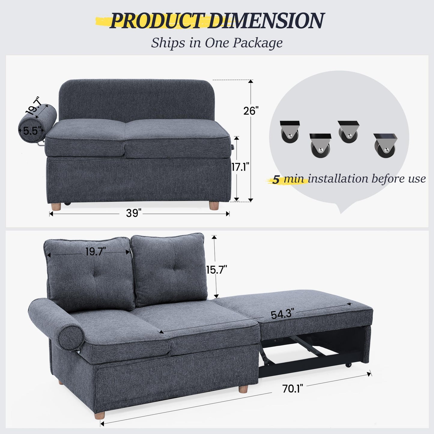 Schlafsofa, 4-in-1-Couch, umwandelbares Sofa, Zweisitzer-Couch aus Leinenstoff mit 2 Dekokissen, Einzel-Relaxsessel für kleine Räume mit 5-fach verstellbarer Rückenlehne