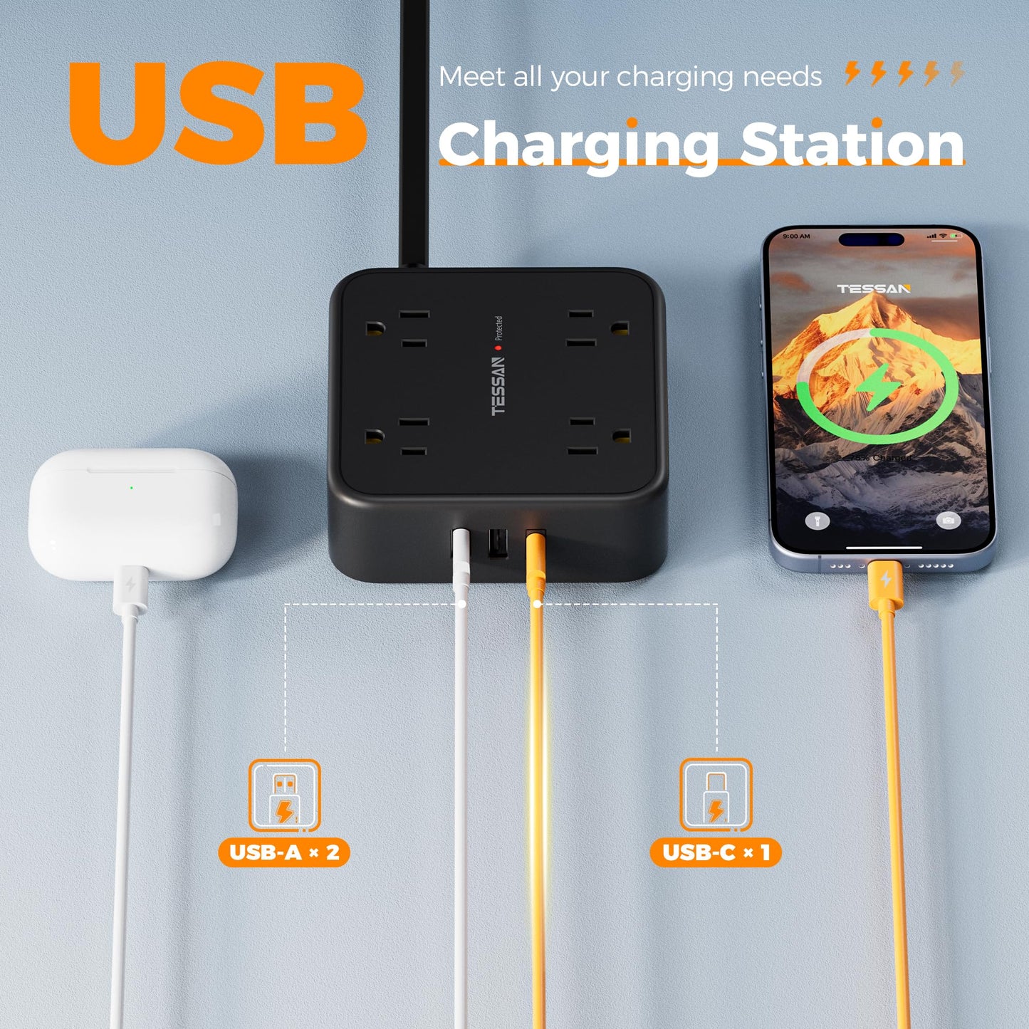 Surge Protector Flat Extension Cord Flat Plug Power Strip, 8 AC Outlets, 3 USB Charger(1 USB C Port) 3-Sided Outlet Extender, 5 Ft, 900 Joules Protection