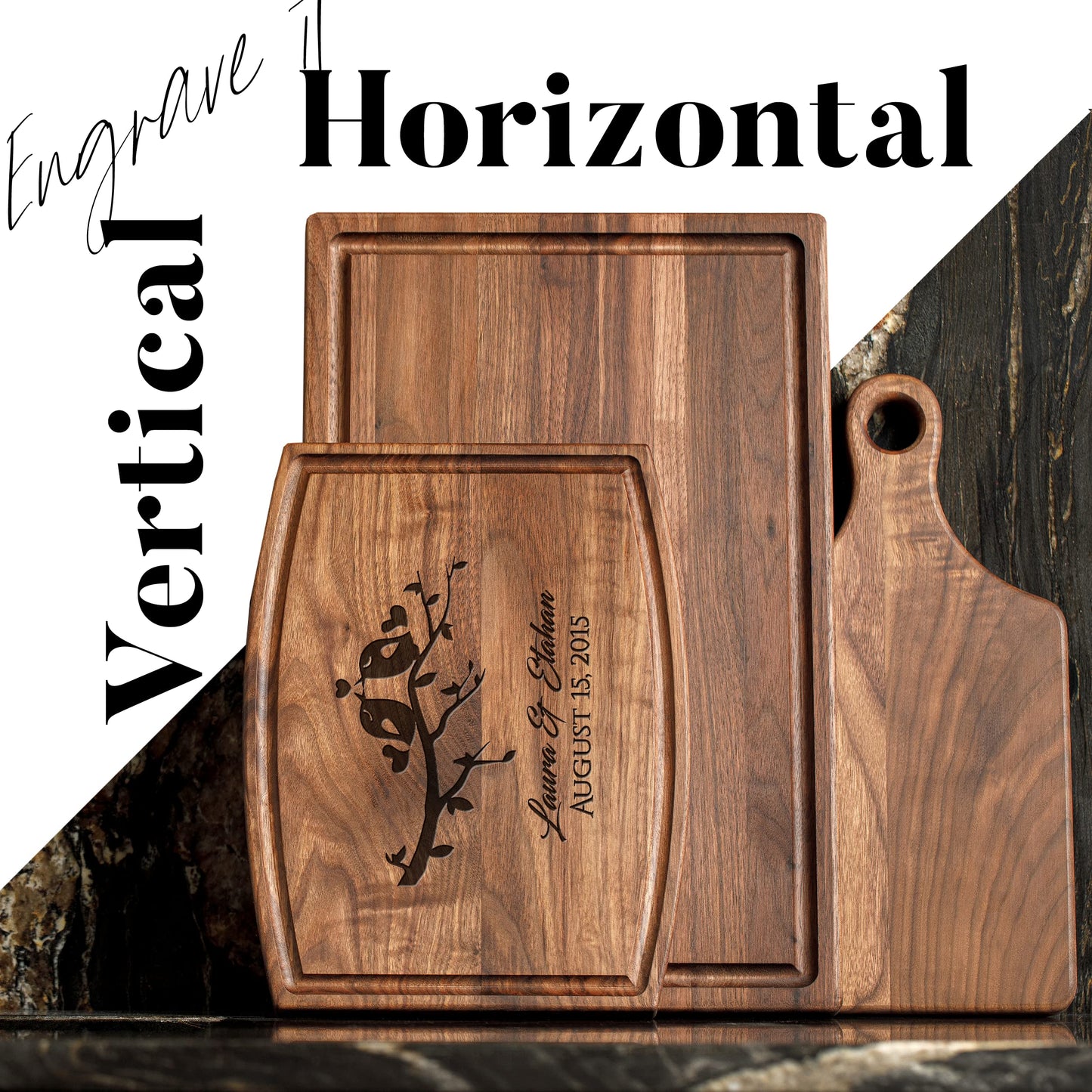 Personalisiertes Walnuss-Schneidebrett mit Untersetzern, Mineralöl und Geschenkverpackung erhältlich – Gestalten Sie Ihr eigenes Schneidebrett, hergestellt in den USA (Design 22, 3. Walnuss 17"x11")