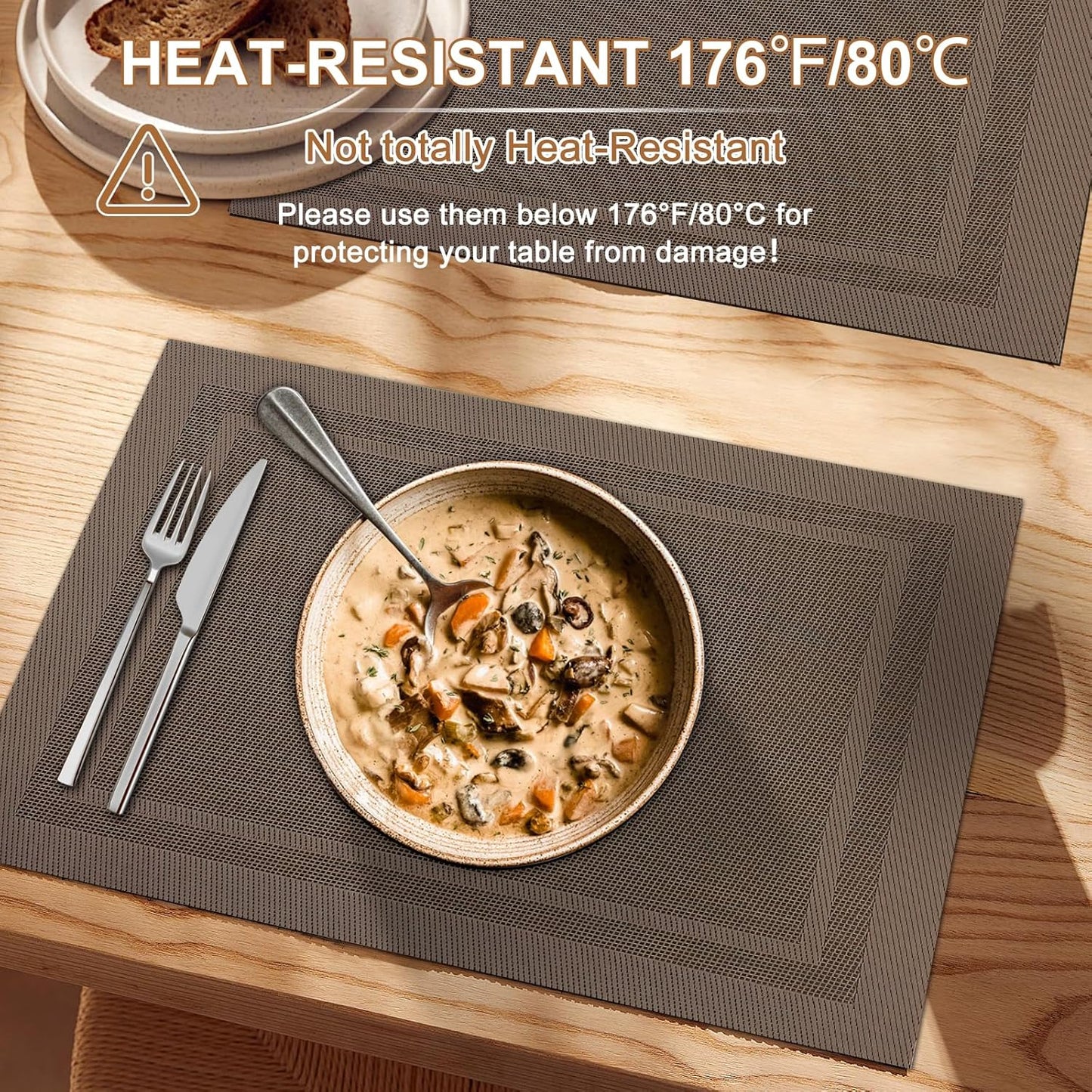 Tischsets 6er-Set, gewebtes Vinyl-Tischset für Esstisch, waschbar, abwischbar, Küchentischsets, strapazierfähige Tischsets für drinnen und draußen, 01 Beige, 6 Stück