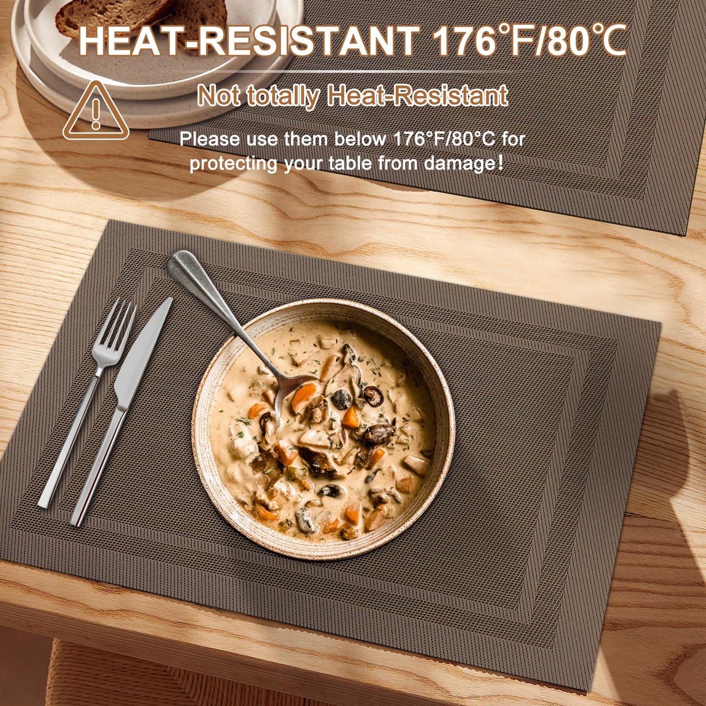 Tischsets 6er-Set, gewebtes Vinyl-Tischset für Esstisch, waschbar, abwischbar, Küchentischsets, strapazierfähige Tischsets für drinnen und draußen, 01 Beige, 6 Stück