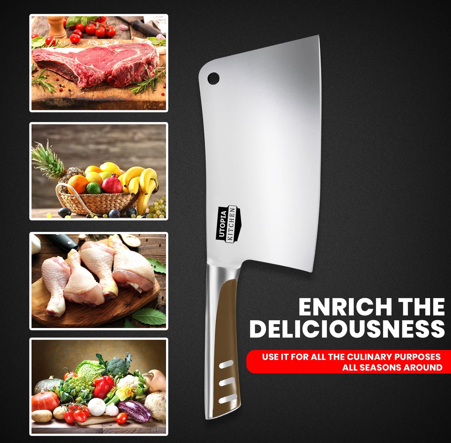 Utopia Kitchen 8 Inch Cleaver Knife Stainless Steel Chopper Butcher Knife for Home Kitchen and Restaurant Black
