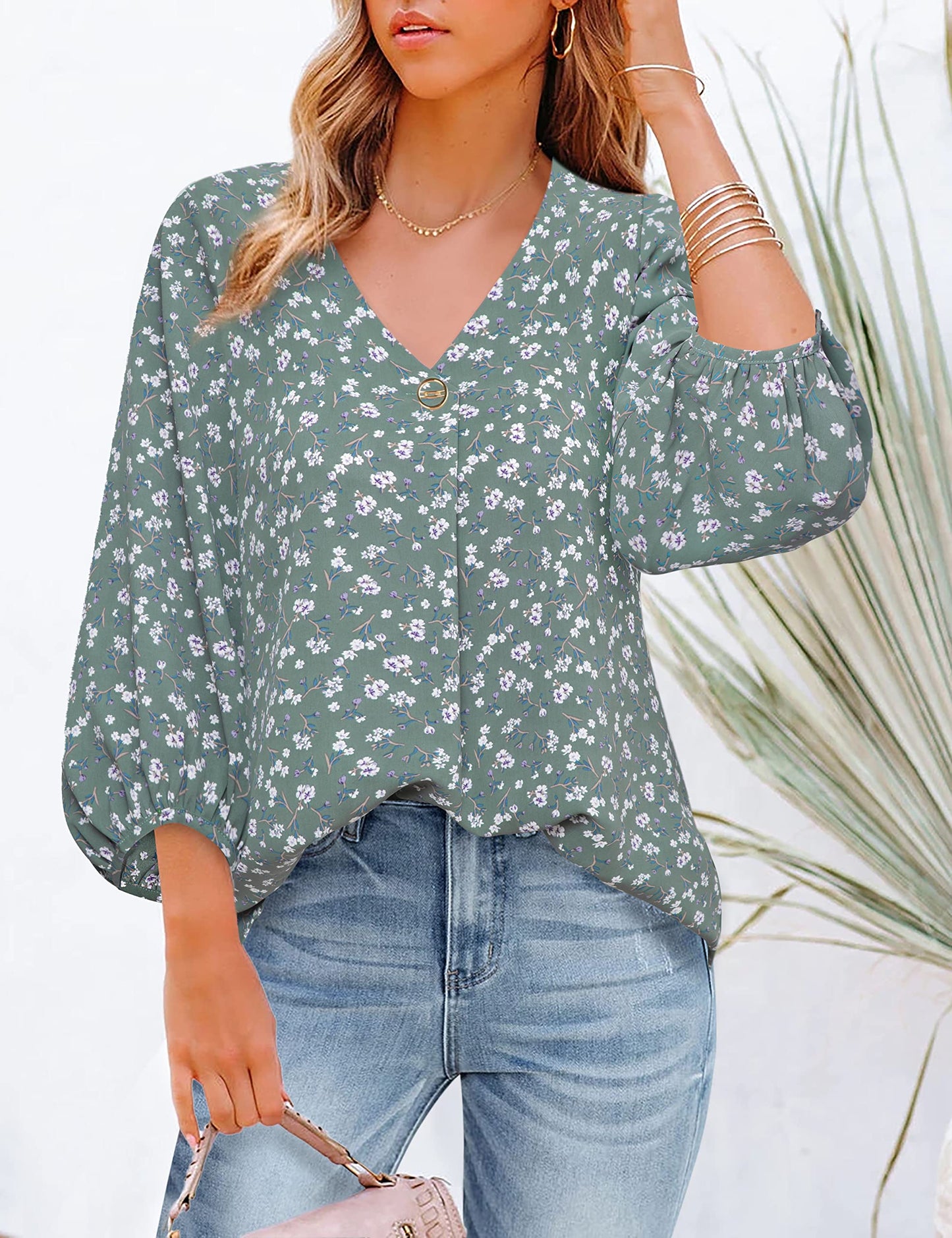 Bebonnie Damen Chiffonbluse mit Laternenmuster, 3/4-Ärmel, lässig, locker, V-Ausschnitt