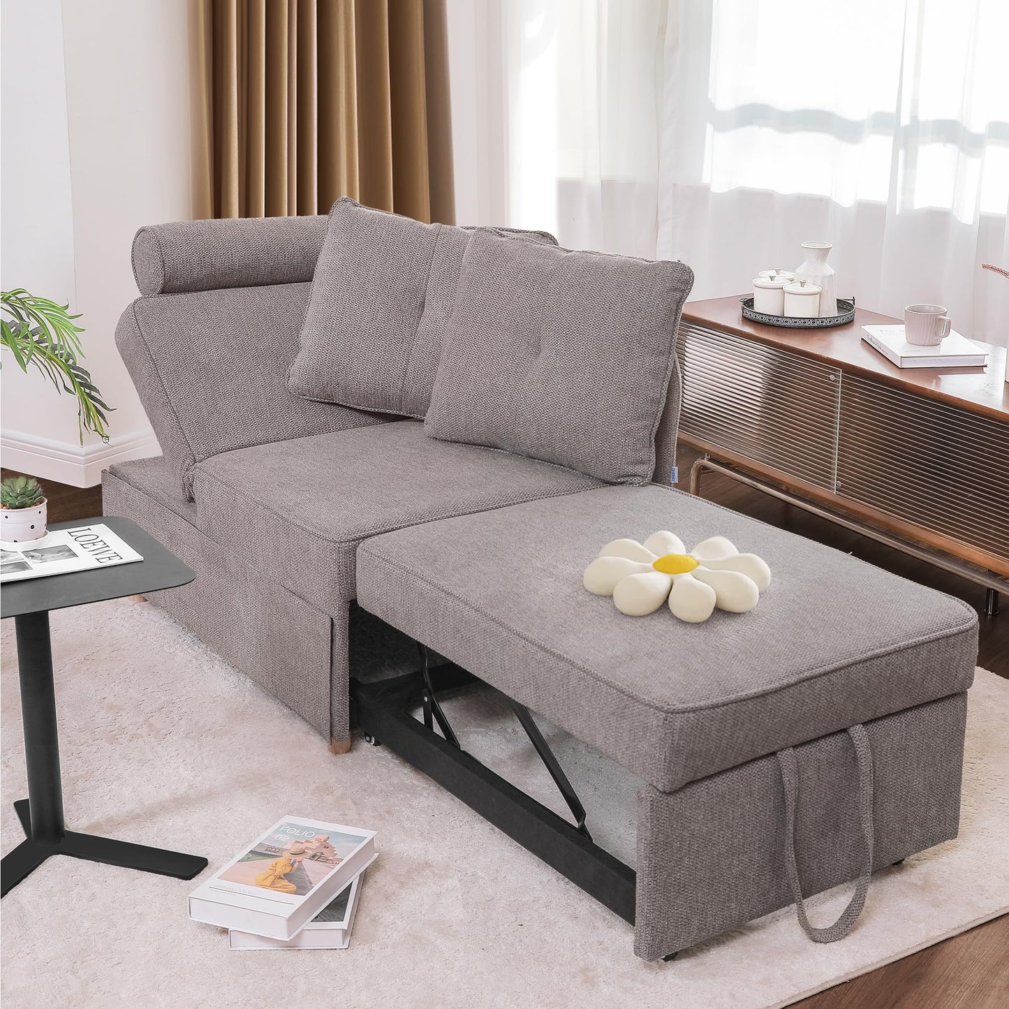 Schlafsofa, 4-in-1-Couch, umwandelbares Sofa, Zweisitzer-Couch aus Leinenstoff mit 2 Dekokissen, Einzel-Relaxsessel für kleine Räume mit 5-fach verstellbarer Rückenlehne