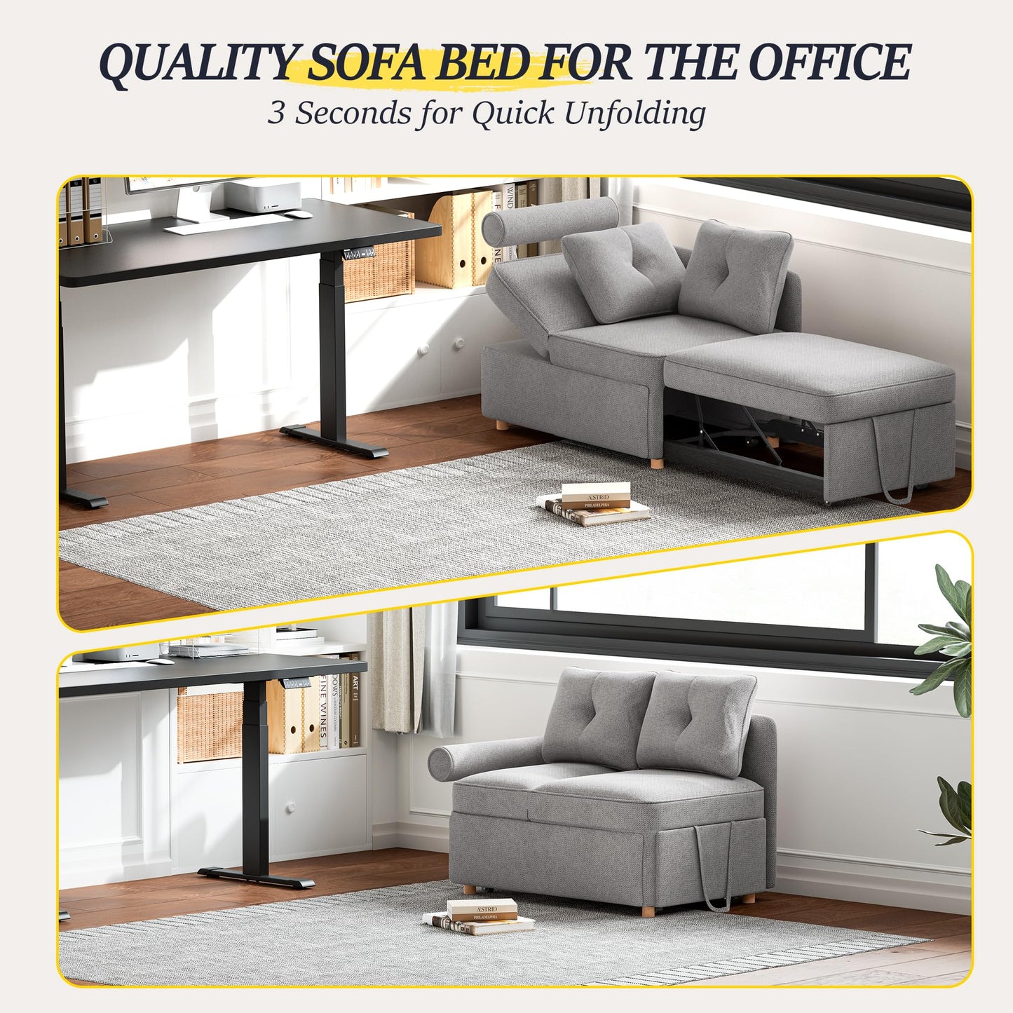 Schlafsofa, 4-in-1-Couch, umwandelbares Sofa, Zweisitzer-Couch aus Leinenstoff mit 2 Dekokissen, Einzel-Relaxsessel für kleine Räume mit 5-fach verstellbarer Rückenlehne
