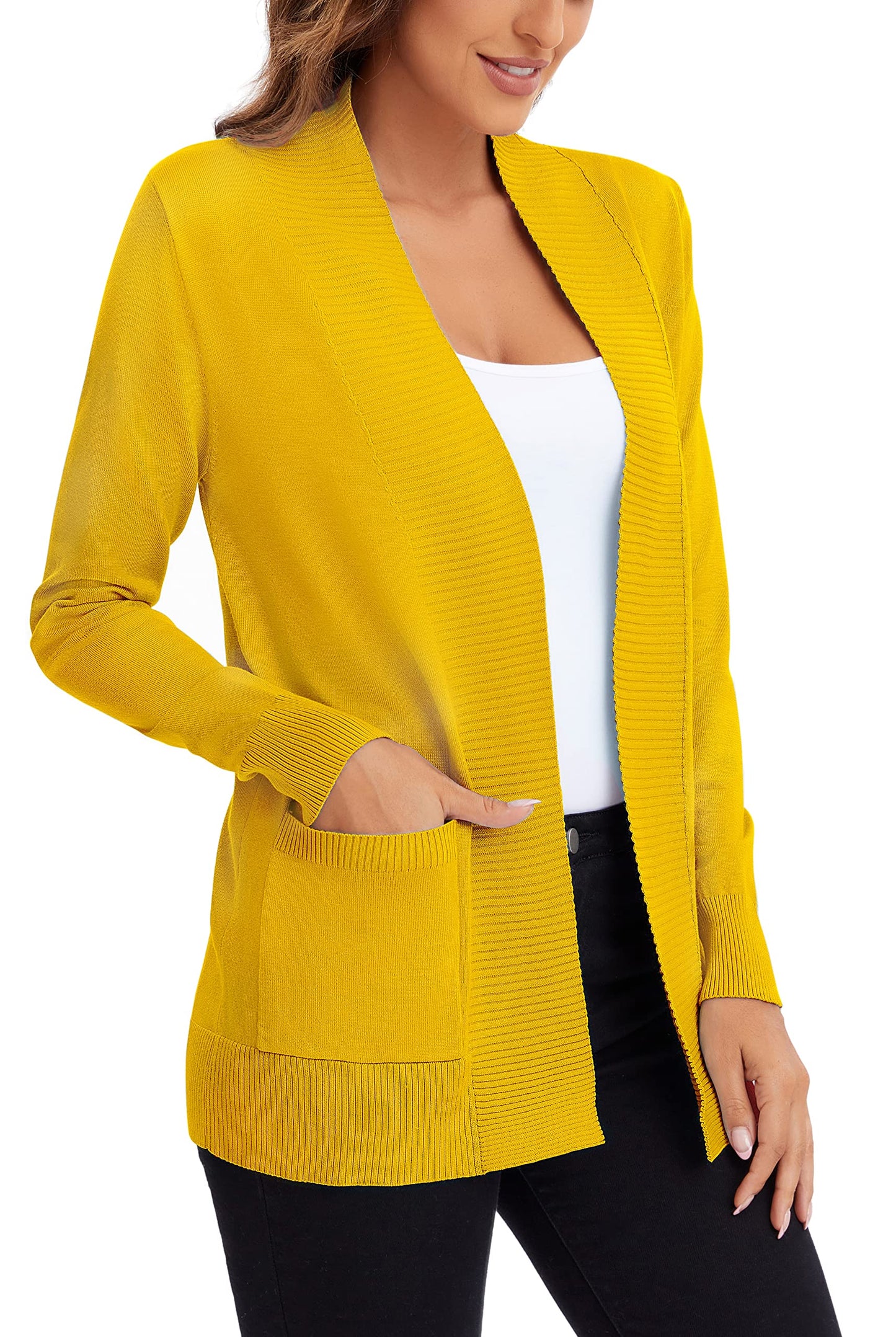 Urban CoCo Leichter Strickjacke für Damen mit offener Vorderseite, lange Ärmel, mit Tasche