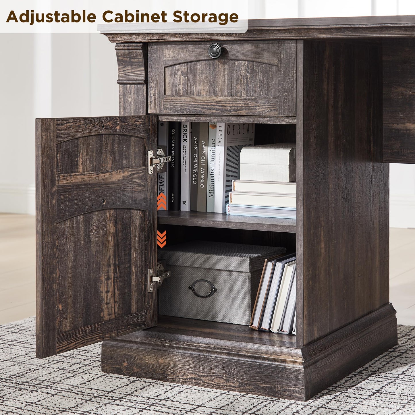 OKD 60-Zoll-Chefschreibtisch mit Schubladen, Home-Office-Schreibtisch im Landhausstil mit Ladestation, Tastaturablage, Aktenschrank-Aufbewahrung, Holz-Computertisch für Arbeit und Studium, Antikweiß